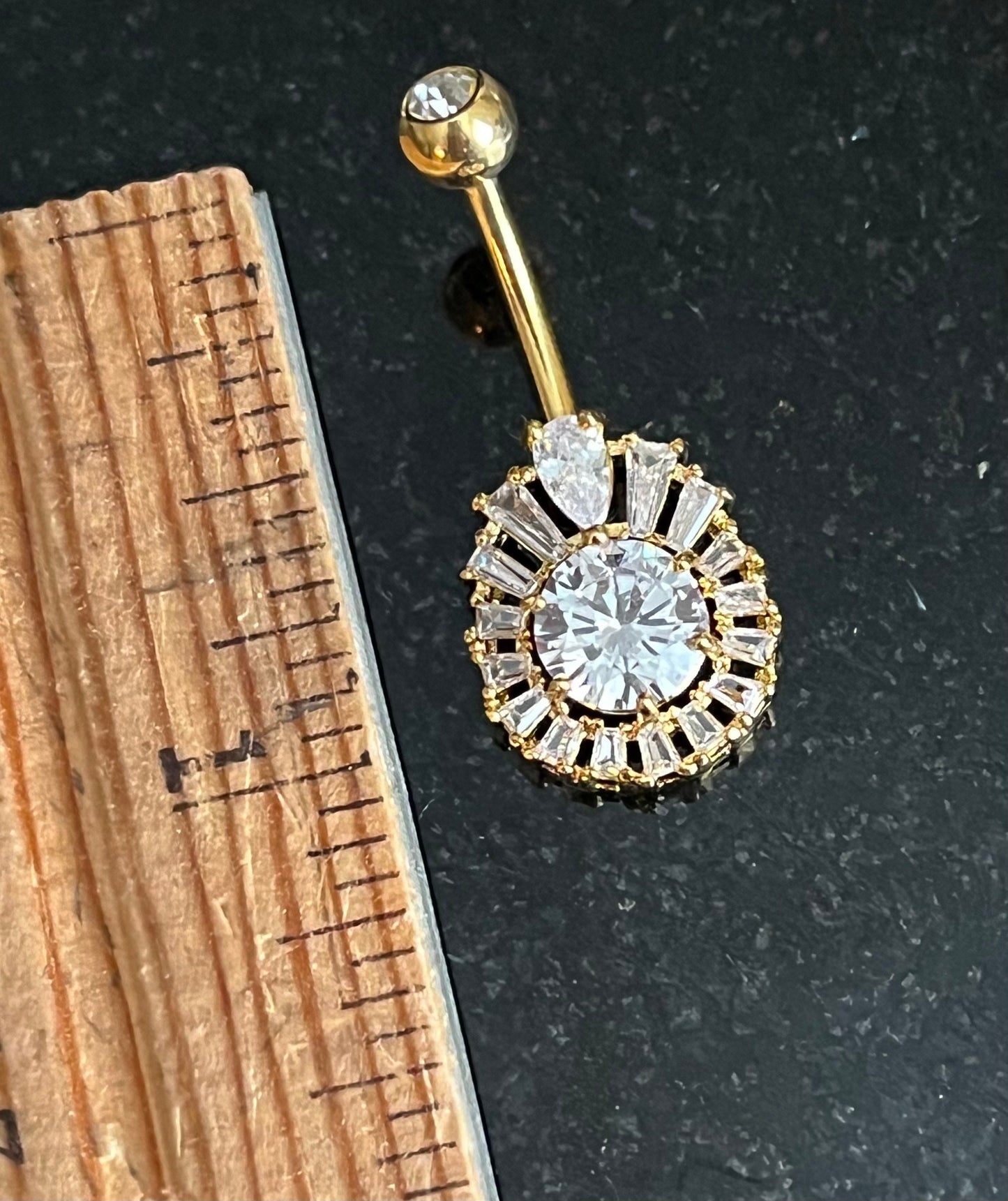 1 Piece Princess Cut CZ Gem Round Gem Centered Surgical Steel Navel / Naval Belly Ring - 14g - 10mm - Gold, Steel and Rose Gold Available!