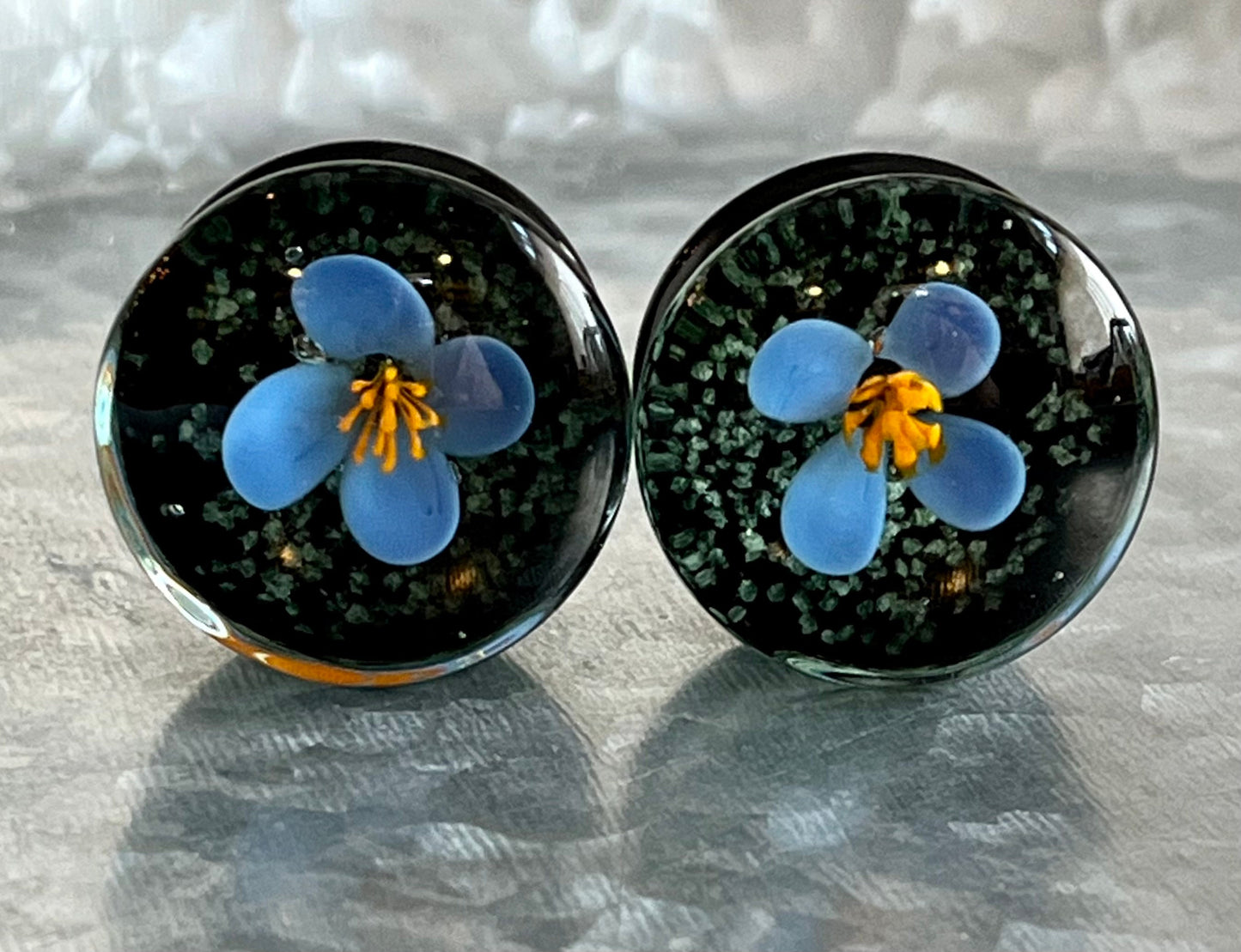 PAIR of Unique Floating Blue Flower Pyrex Glass Glow the the Dark Double Flare Plugs - Gauges 0g (8mm) through 1" (25mm) available!