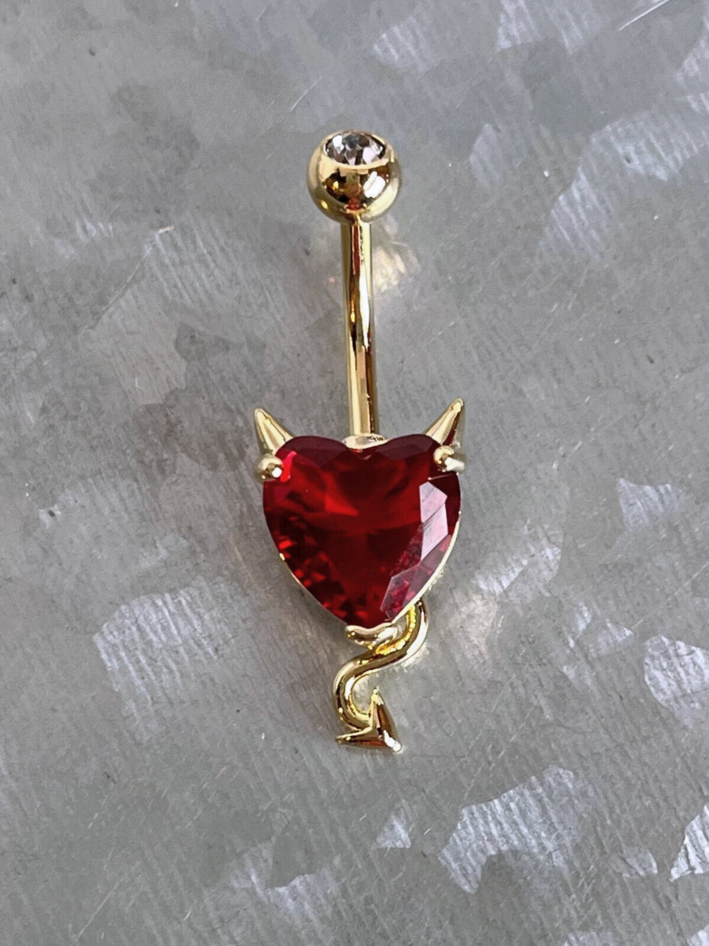 1 Piece Unique Cubic Zirconia Gem Heart Devil Horns & Tail Navel / Naval Belly Ring - 14g - 10mm - Silver w/ Clear Gem or Gold w/ Red Gem!