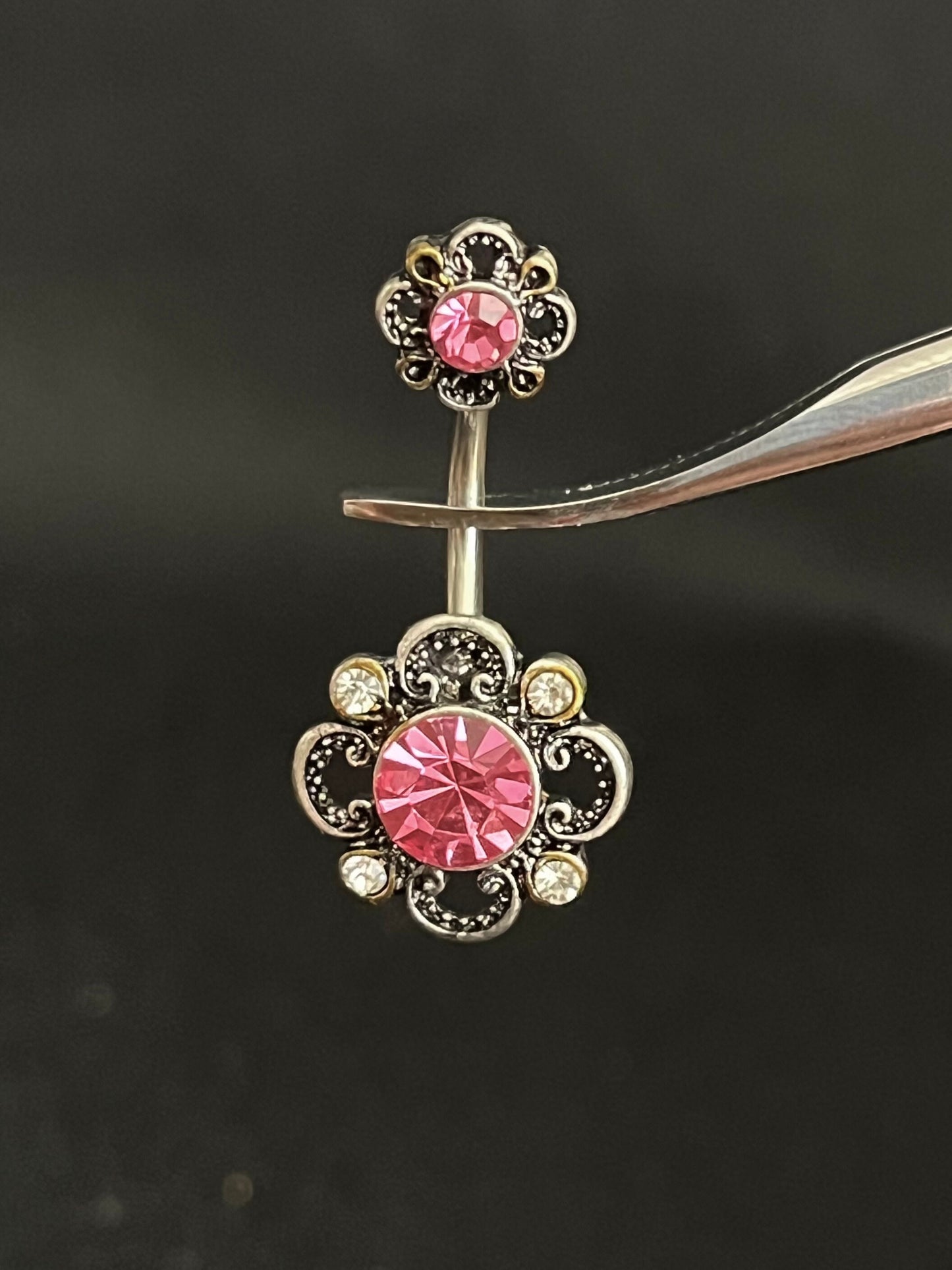 1 Piece Unique CZ Petals Floral Filigree Belly Ring Double Flower Navel / Naval Belly Ring -14g- 10mm- Gold, Steel and Rose Gold Available!
