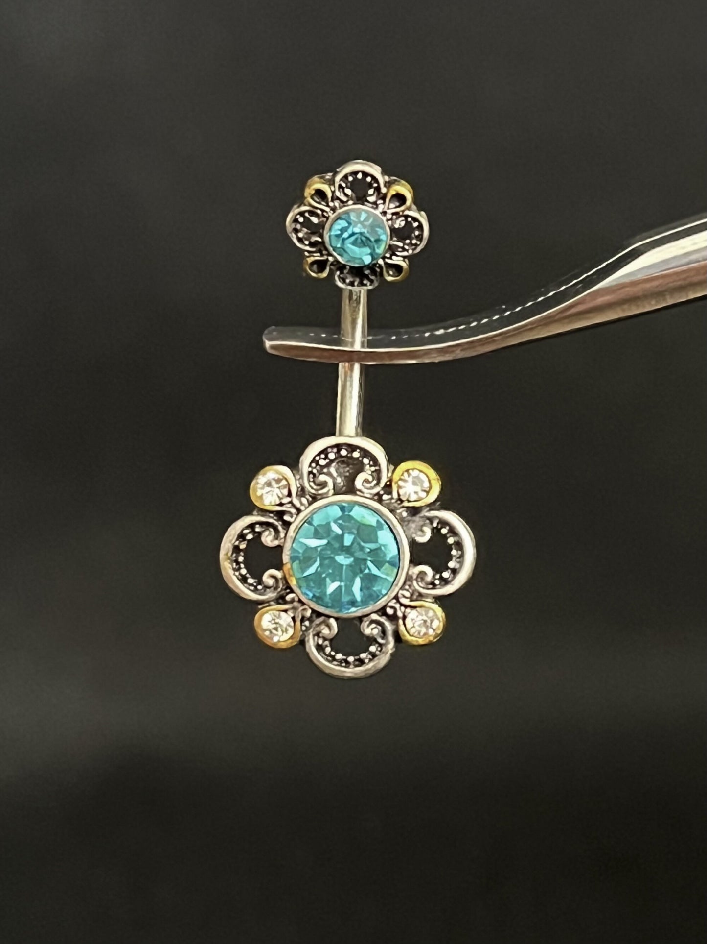 1 Piece Unique CZ Petals Floral Filigree Belly Ring Double Flower Navel / Naval Belly Ring -14g- 10mm- Gold, Steel and Rose Gold Available!