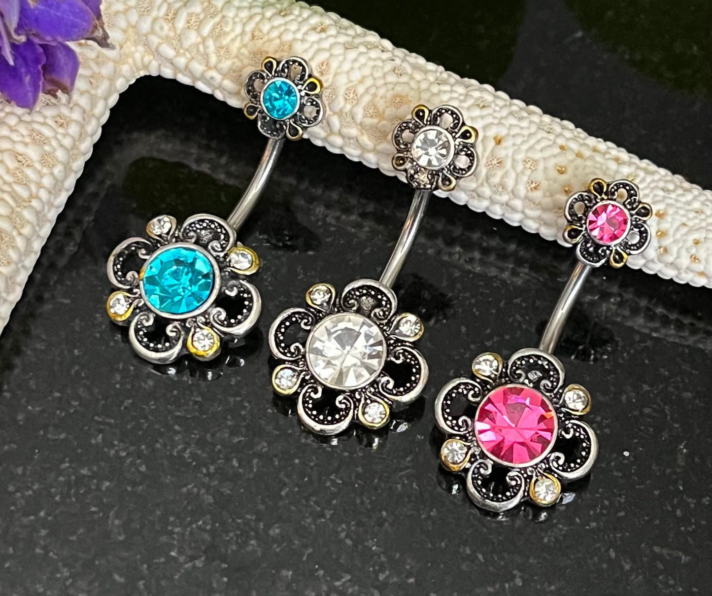 1 Piece Unique CZ Petals Floral Filigree Belly Ring Double Flower Navel / Naval Belly Ring -14g- 10mm- Gold, Steel and Rose Gold Available!
