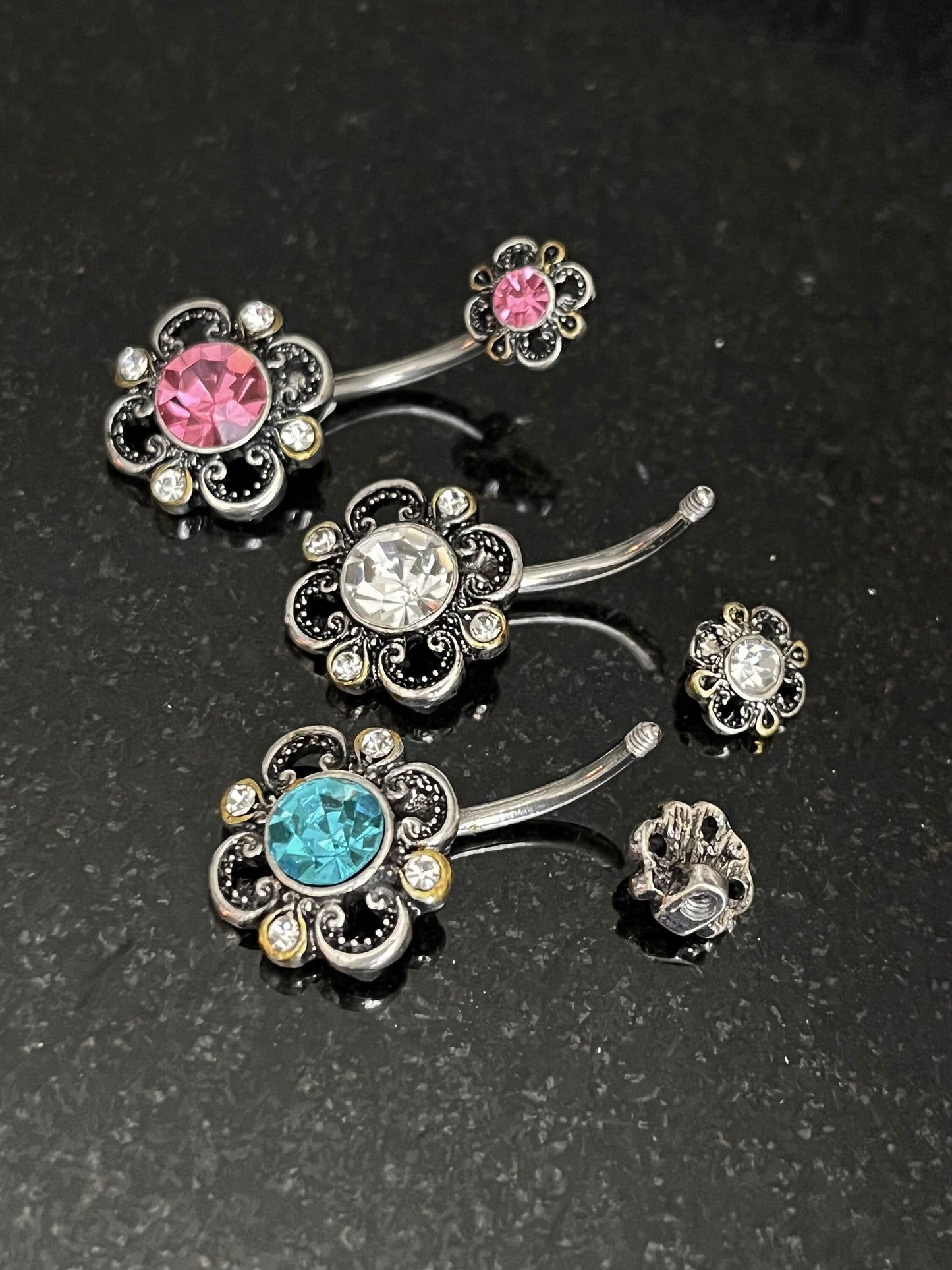 1 Piece Unique CZ Petals Floral Filigree Belly Ring Double Flower Navel / Naval Belly Ring -14g- 10mm- Gold, Steel and Rose Gold Available!