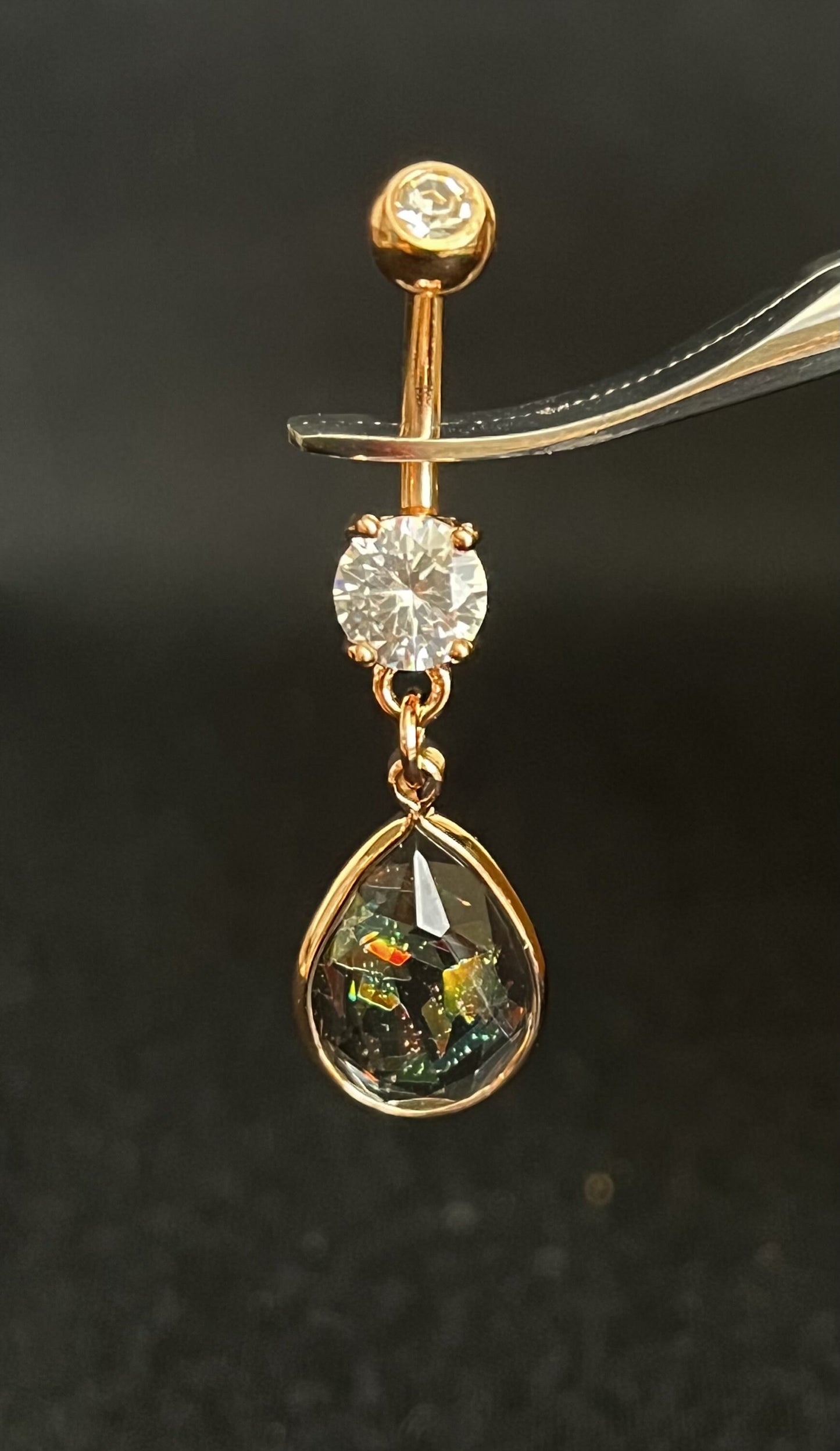 1 Piece Brilliant Rainbow Glitter Opalite Tear Drop with CZ Gems Navel / Naval Belly Ring - 14g - 10mm- Gold, Steel and Rose Gold Available!