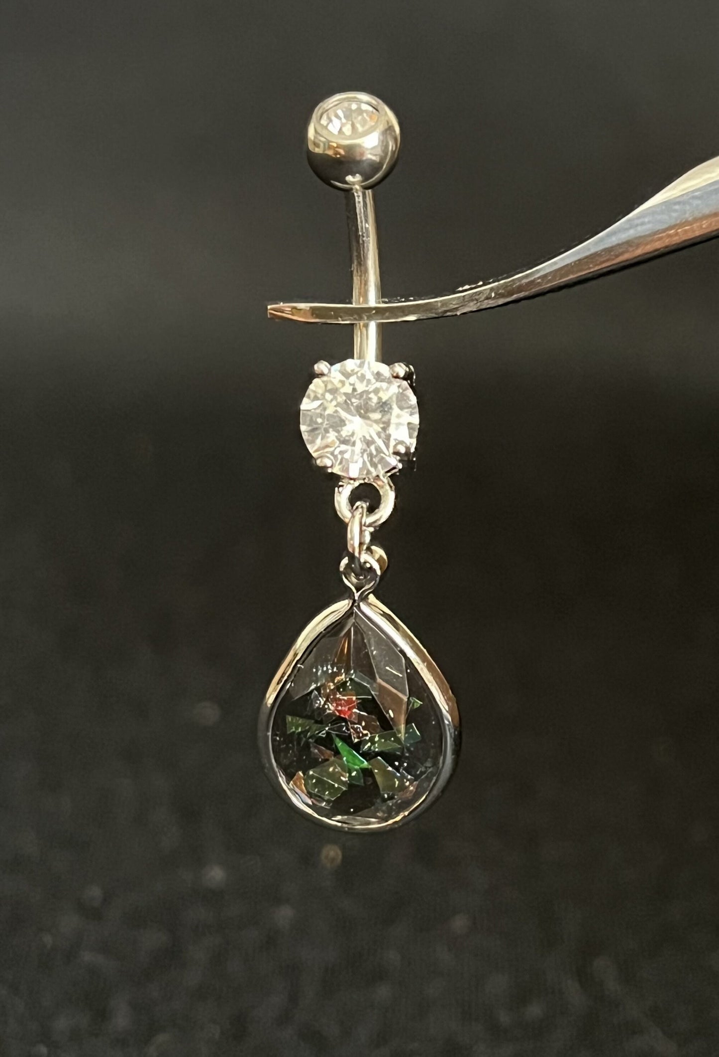 1 Piece Brilliant Rainbow Glitter Opalite Tear Drop with CZ Gems Navel / Naval Belly Ring - 14g - 10mm- Gold, Steel and Rose Gold Available!