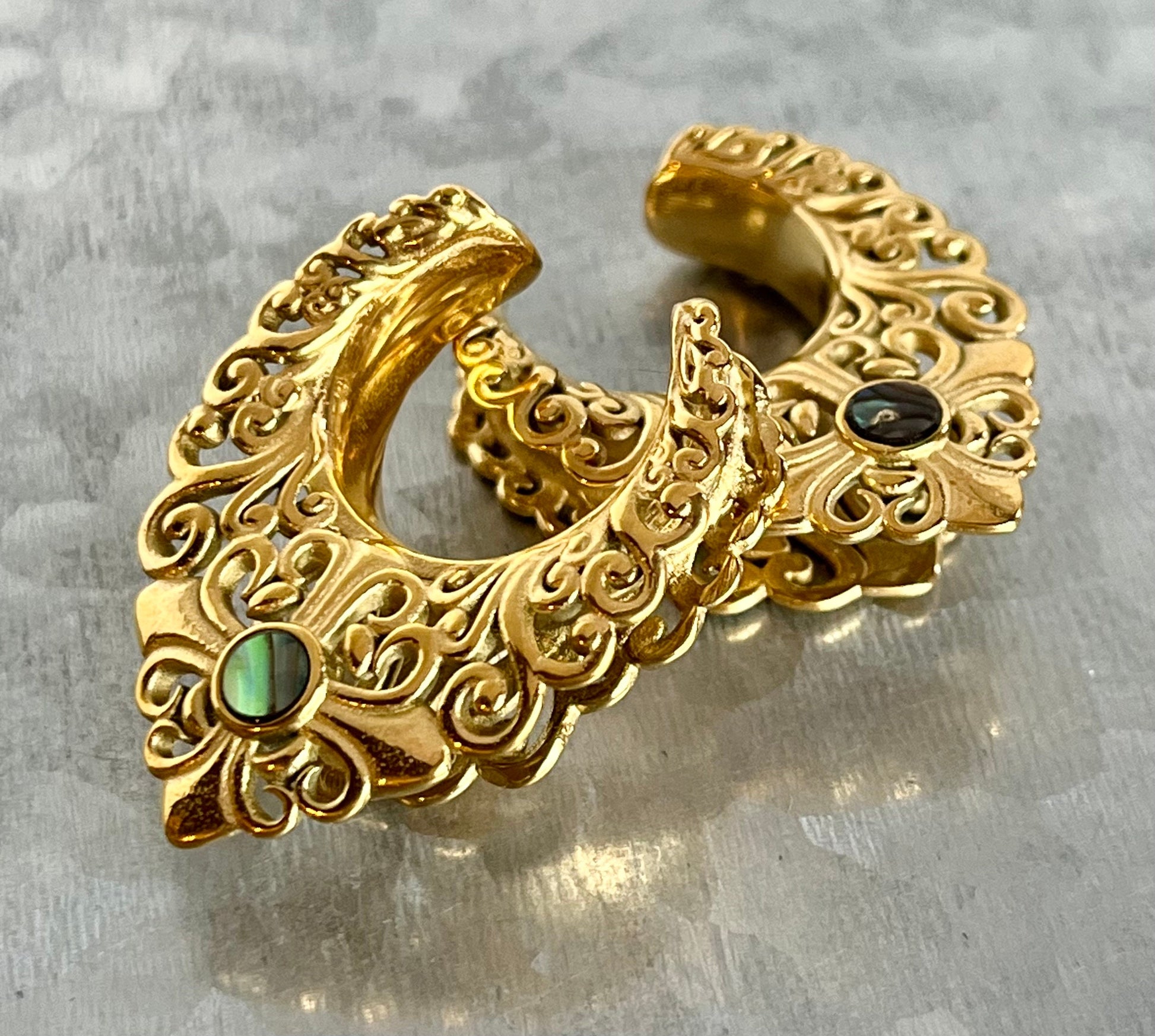 PAIR of Stunning Gold Plated Filigree Abalone Saddle Ear Spreader Hanger-Tunnels/Plugs - Gauges 0g (8mm) thru 3/4" (19mm) available!
