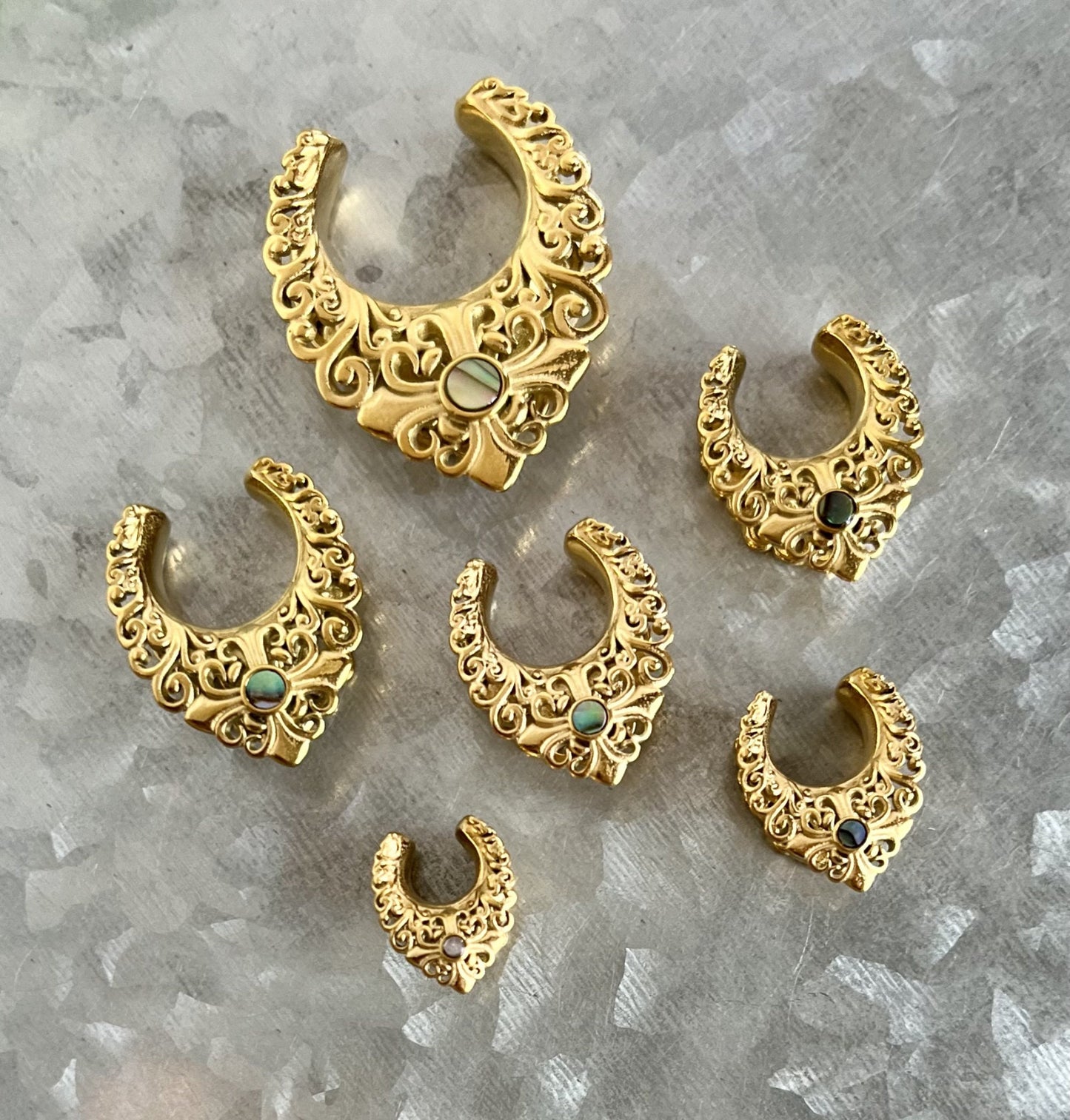 PAIR of Stunning Gold Plated Filigree Abalone Saddle Ear Spreader Hanger-Tunnels/Plugs - Gauges 0g (8mm) thru 3/4" (19mm) available!