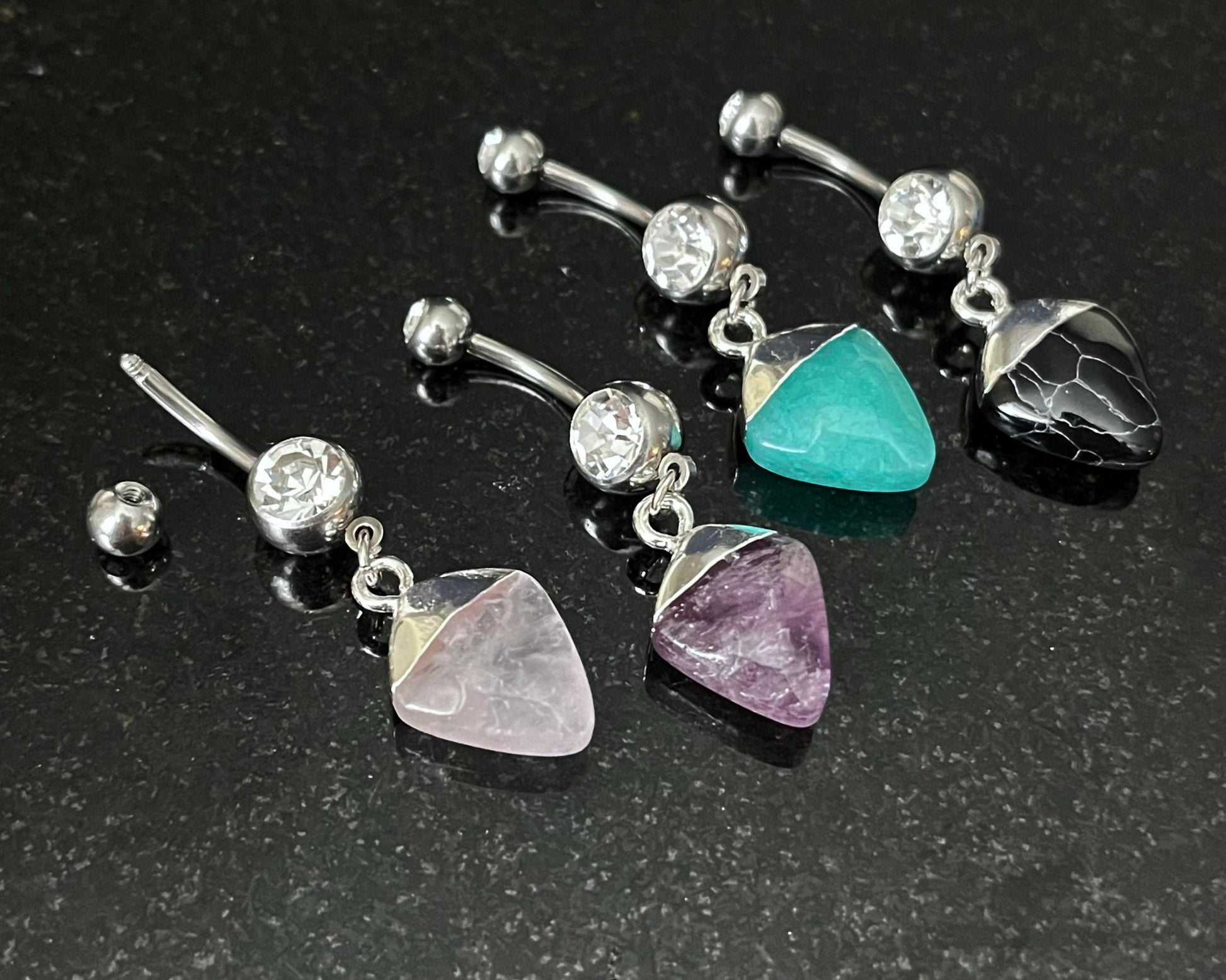 1 Piece Stunning Double Gem Stone Dangle Navel / Naval Belly Ring - 14g - 10mm - Amethyst, Green Jade, Black Agate & Clear Quartz Available!