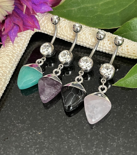 1 Piece Stunning Double Gem Stone Dangle Navel / Naval Belly Ring - 14g - 10mm - Amethyst, Green Jade, Black Agate & Clear Quartz Available!