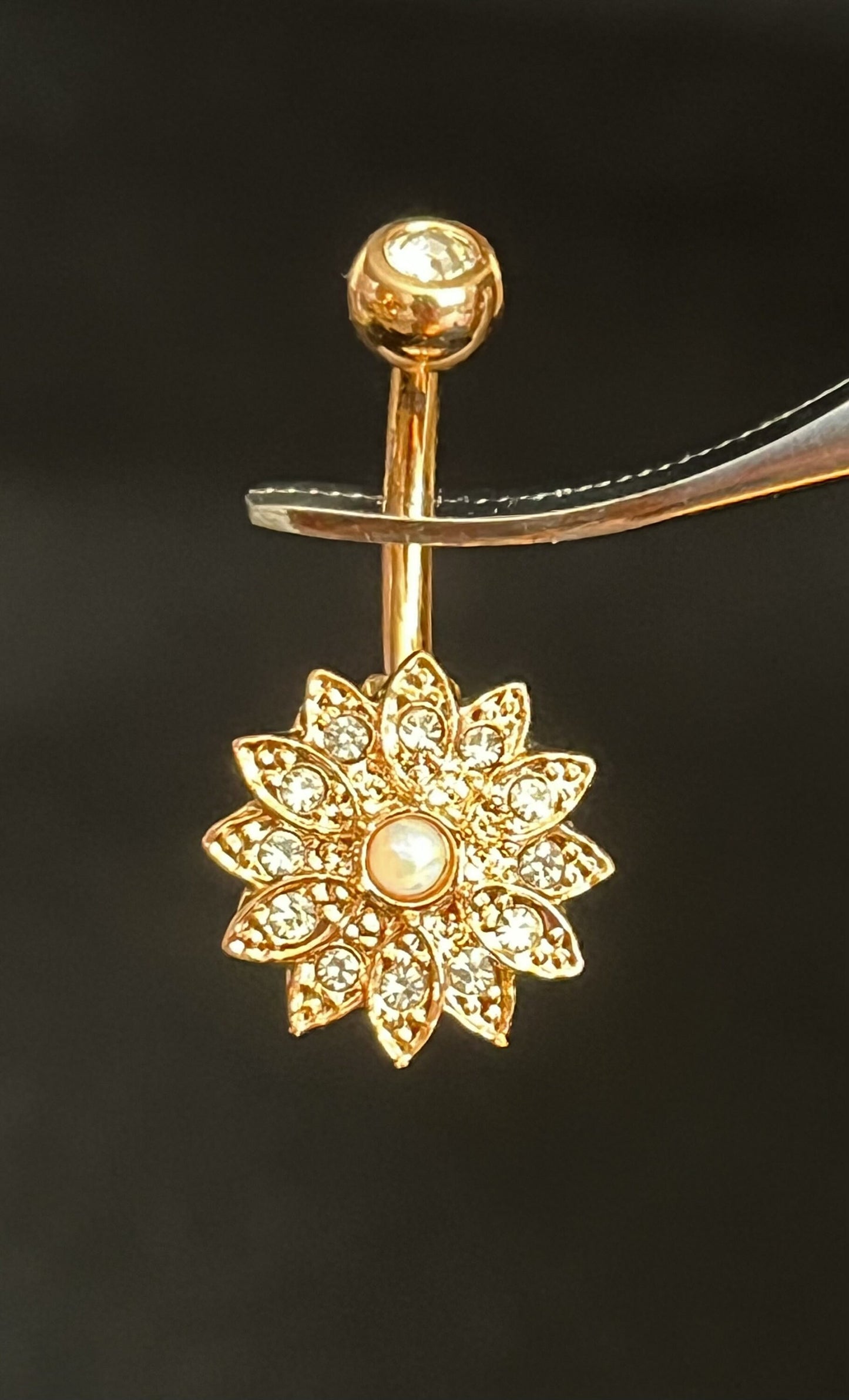 1 Piece Unique Small Flower with Opal Center Crystal Paved Petals Navel/Naval Belly Ring - 14g - 10mm -Gold, Steel and Rose Gold Available!