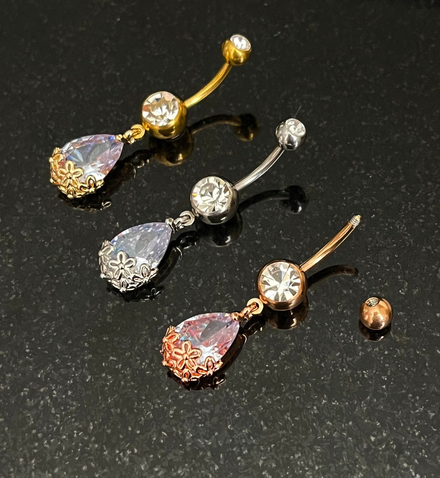 1 Piece Unique Floral Filigree Tear Drop Gem Belly Button Ring Navel / Naval Belly Ring - 14g - 10mm - Gold, Steel and Rose Gold Available!