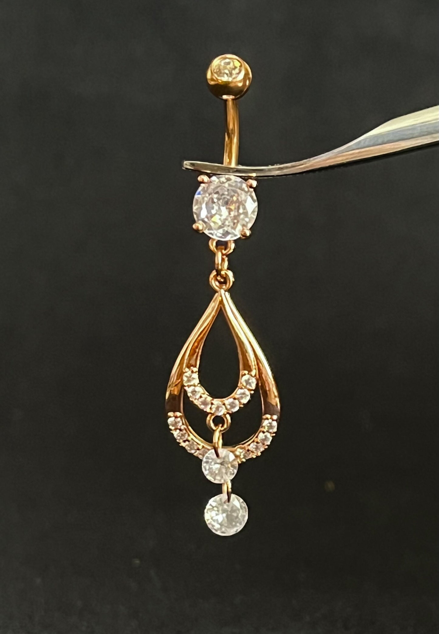 1 Piece Stunning Double CZ Gem Teardrop Belly Button Ring Navel / Naval Belly Ring - 14g - 10mm - Gold, Steel and Rose Gold Available!