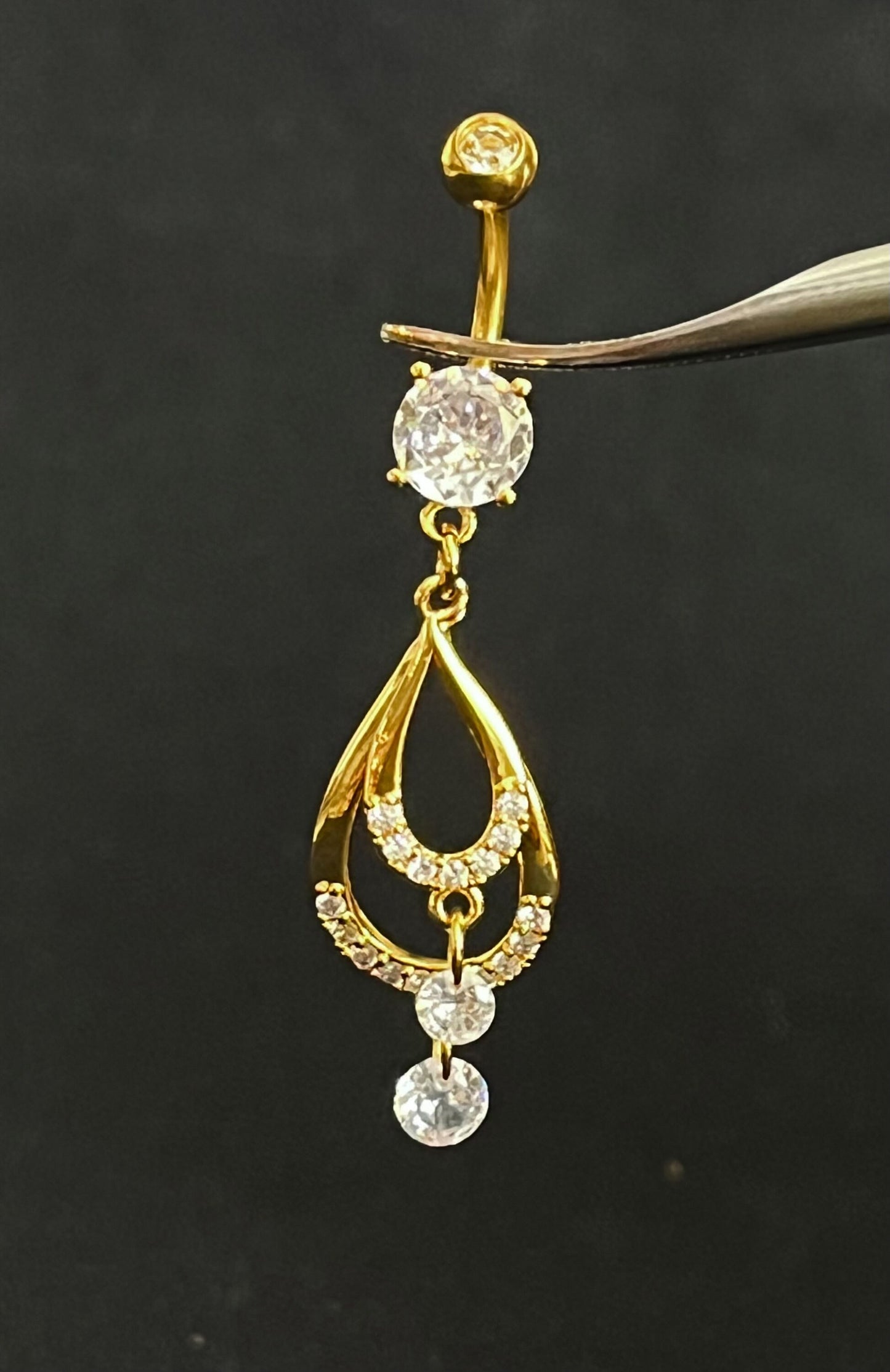1 Piece Stunning Double CZ Gem Teardrop Belly Button Ring Navel / Naval Belly Ring - 14g - 10mm - Gold, Steel and Rose Gold Available!