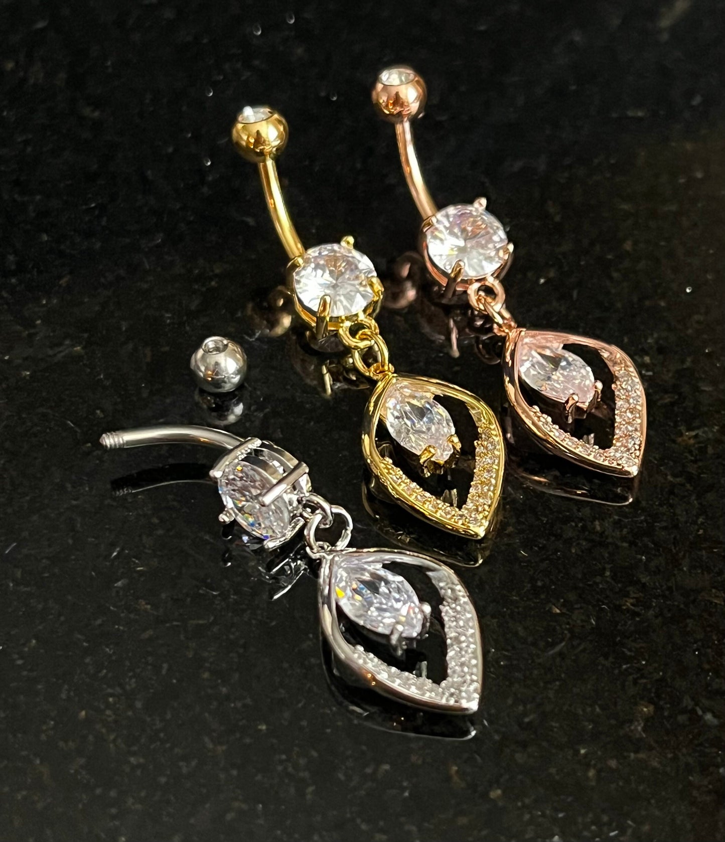 1 Piece Beautiful Hollow CZ Gem Paved Leaf Belly Button Ring Navel / Naval Belly Ring - 14g - 10mm - Gold, Steel and Rose Gold Available!