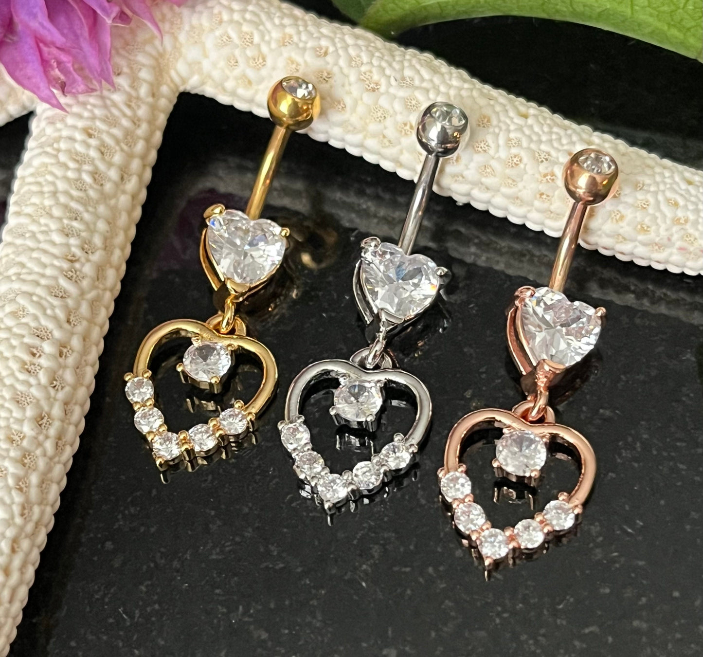 1 Piece Stunning Hollow Cubic Zurconia Gem Paved Heart Navel / Naval Belly Ring - 14g - 10mm - Silver, Gold and Rose Gold Available!