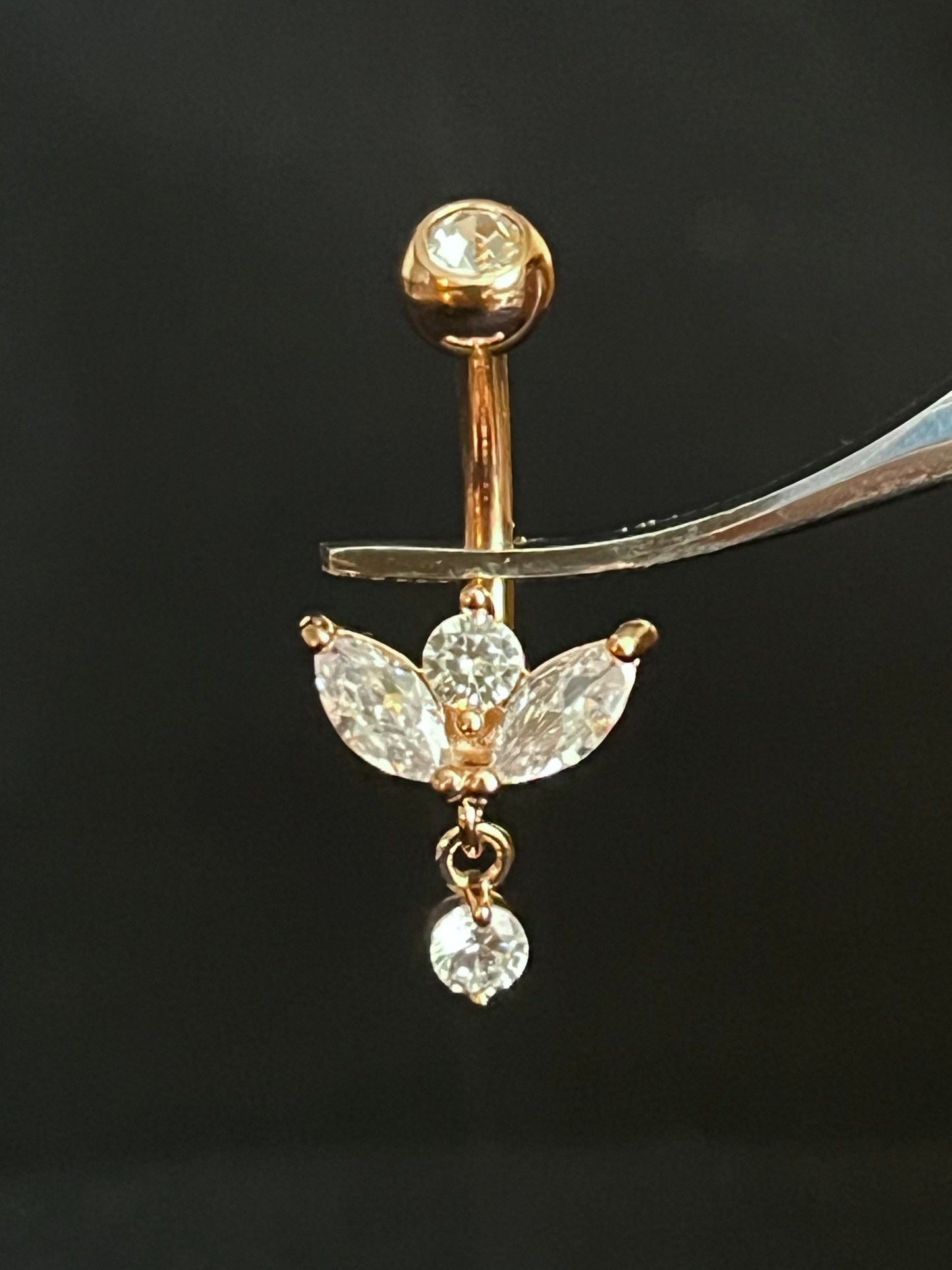 1 Piece Stunning Marquise CZ Gem Sprout Dangle Cubic Zirconia Navel / Naval Belly Ring - 14g - 10mm - Gold, Silver and Rose Gold Available!