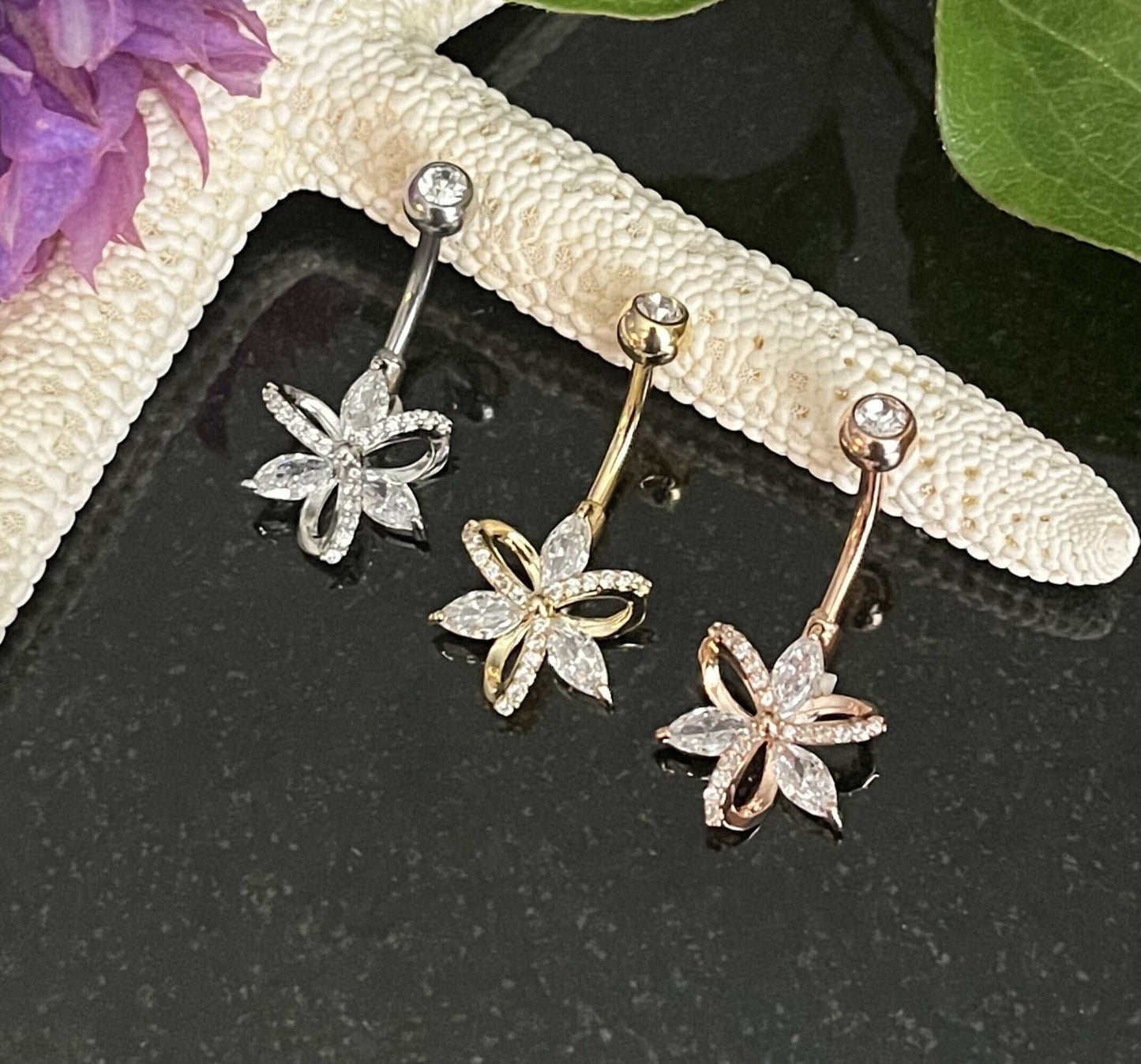 1 Piece Beautiful Hollow Paved CZ Gem Flower Navel / Naval Belly Ring - 14g - 10mm - Gold, Silver and Rose Gold Available!