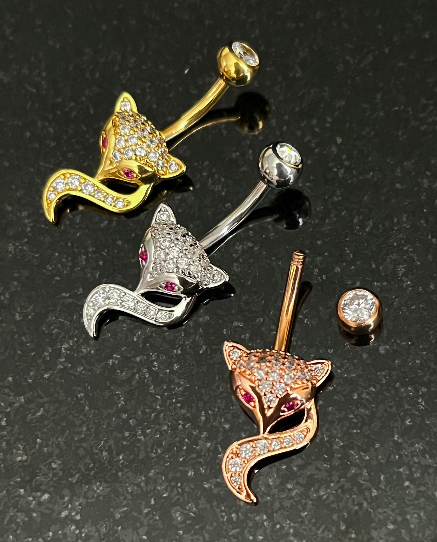1 Piece Unique Paved CZ Gem Fox Navel / Naval Belly Button Ring - 14g - 10mm - Gold, Silver and Rose Gold Available!