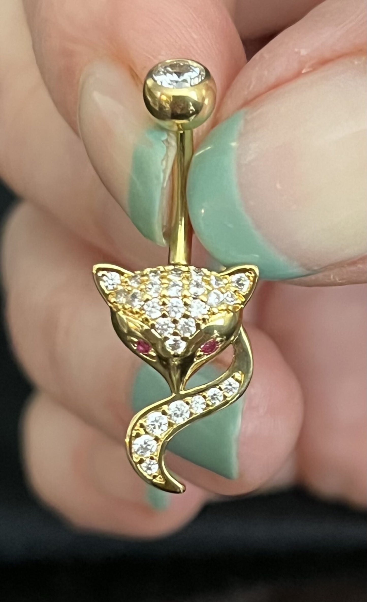 1 Piece Unique Paved CZ Gem Fox Navel / Naval Belly Button Ring - 14g - 10mm - Gold, Silver and Rose Gold Available!