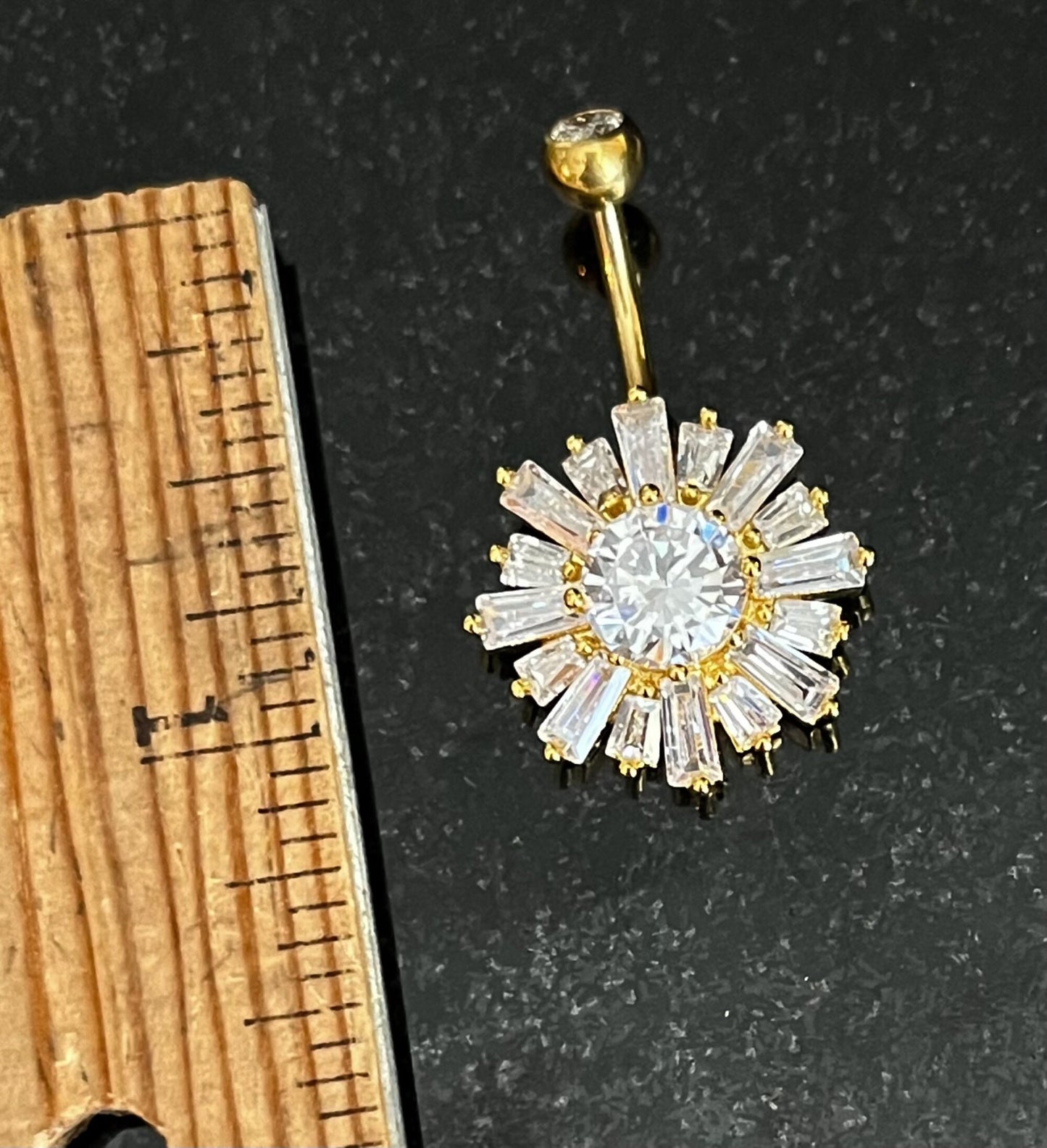 1 Piece Stunning Baguette CZ Gems Sunburst Navel / Naval Belly Button Ring - 14g - 10mm - Gold, Silver and Rose Gold Available!