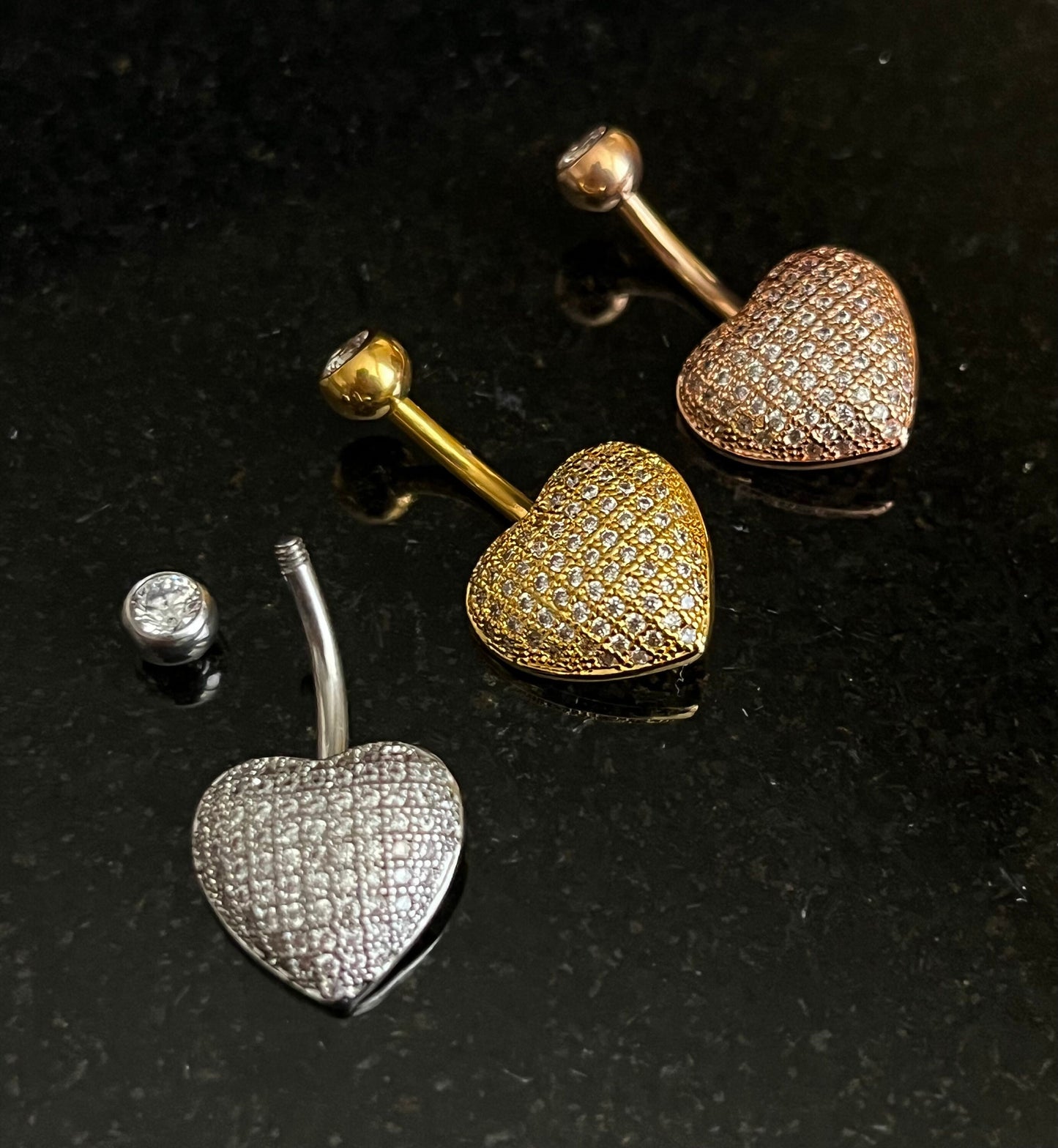 1 Piece Beautiful Paved CZ Gems Heart Navel / Naval Belly Button Ring - 14g - 10mm - Gold, Silver and Rose Gold Available!