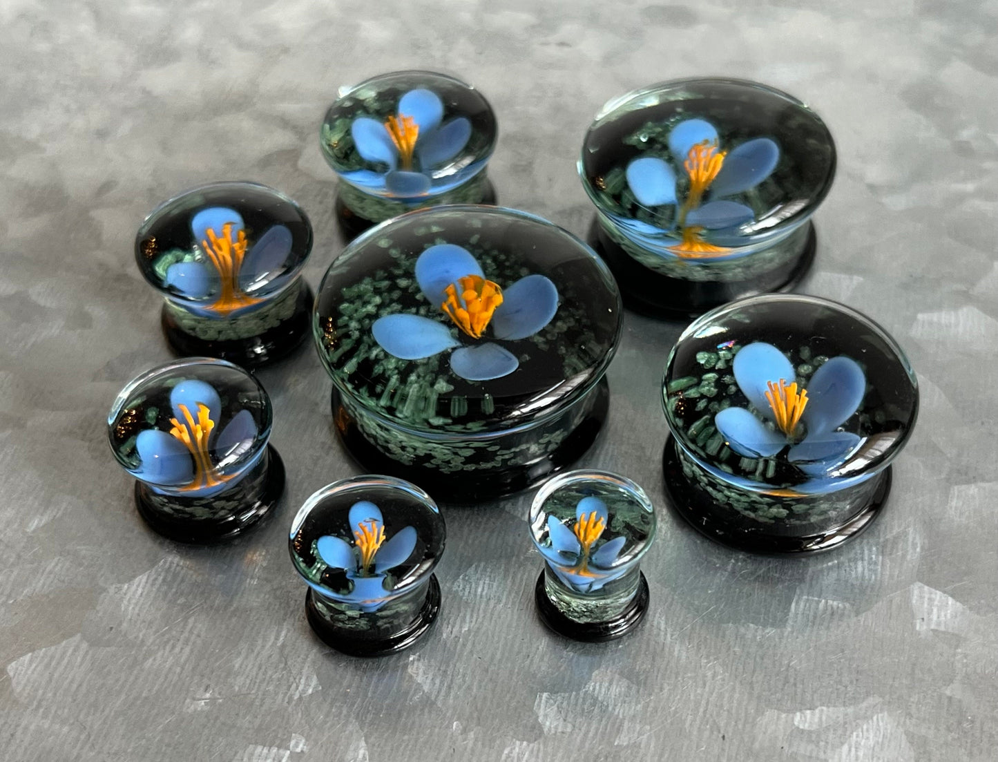 PAIR of Unique Floating Blue Flower Pyrex Glass Glow the the Dark Double Flare Plugs - Gauges 0g (8mm) through 1" (25mm) available!