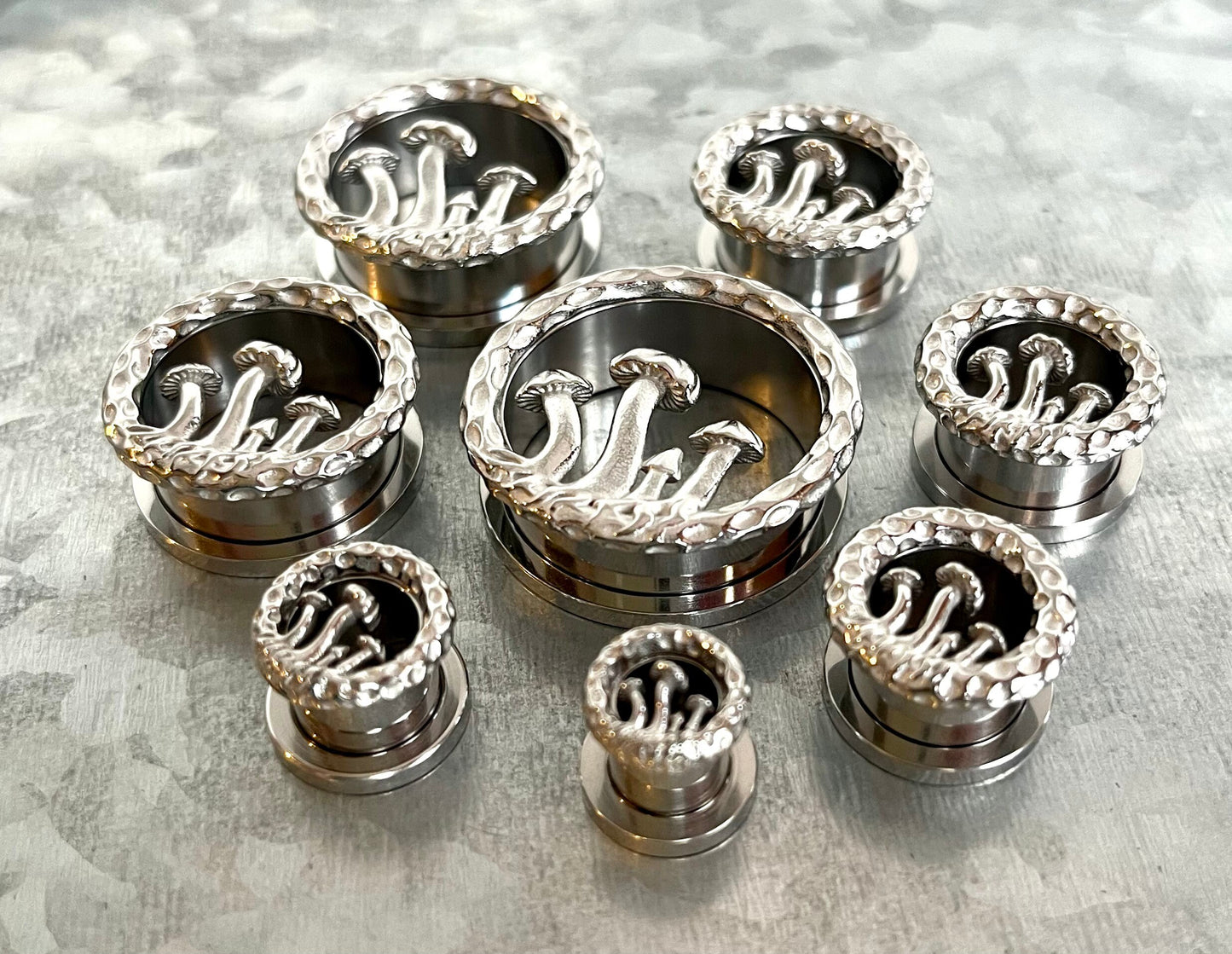 PAIR of Unique Mushrooms L316 Surgical Steel Screw Fit Tunnels/Plugs - Gauges 0g (8mm) up to 1" (25mm) available!