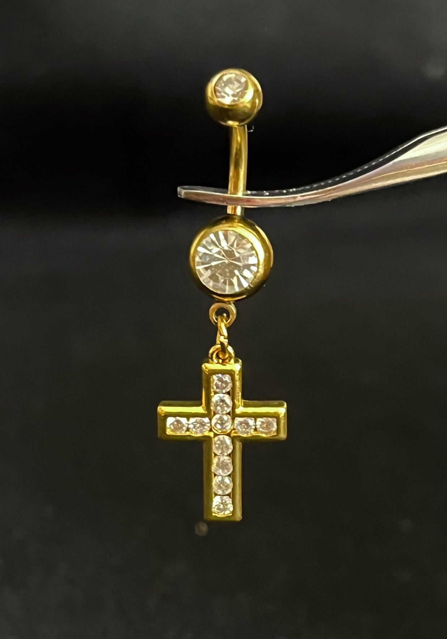 1 Piece Beautiful CZ Gem Set Paved Cross Navel / Naval Belly Button Ring - 14g - 10mm - Gold, Silver and Rose Gold Available!