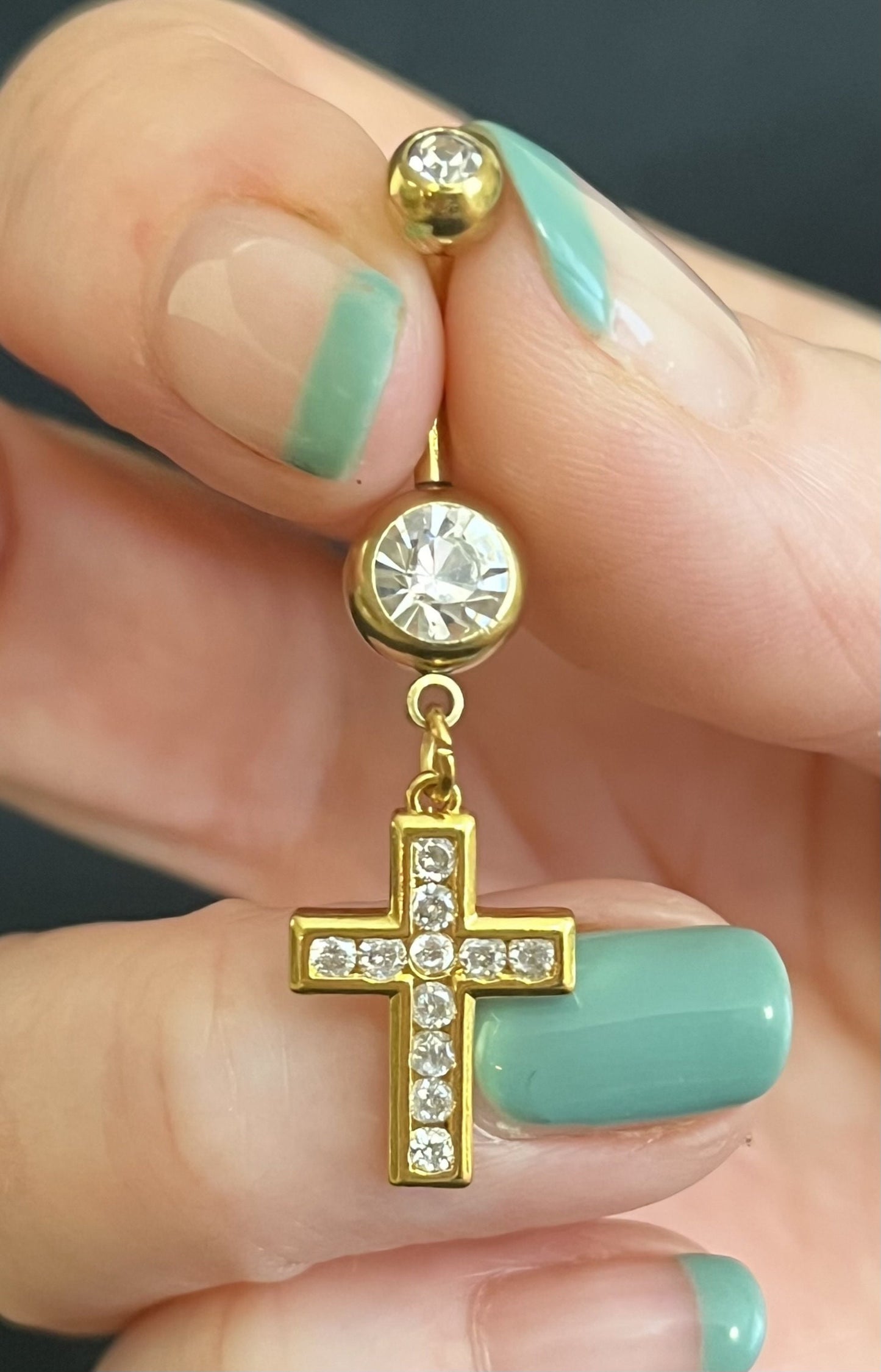 1 Piece Beautiful CZ Gem Set Paved Cross Navel / Naval Belly Button Ring - 14g - 10mm - Gold, Silver and Rose Gold Available!