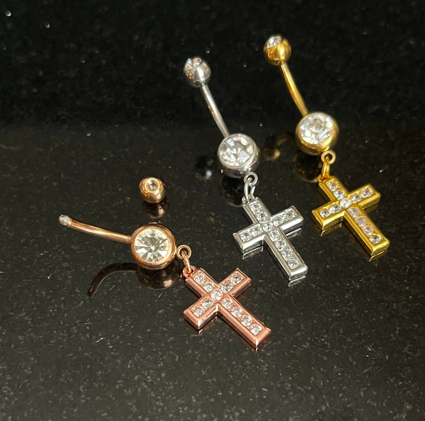 1 Piece Beautiful CZ Gem Set Paved Cross Navel / Naval Belly Button Ring - 14g - 10mm - Gold, Silver and Rose Gold Available!
