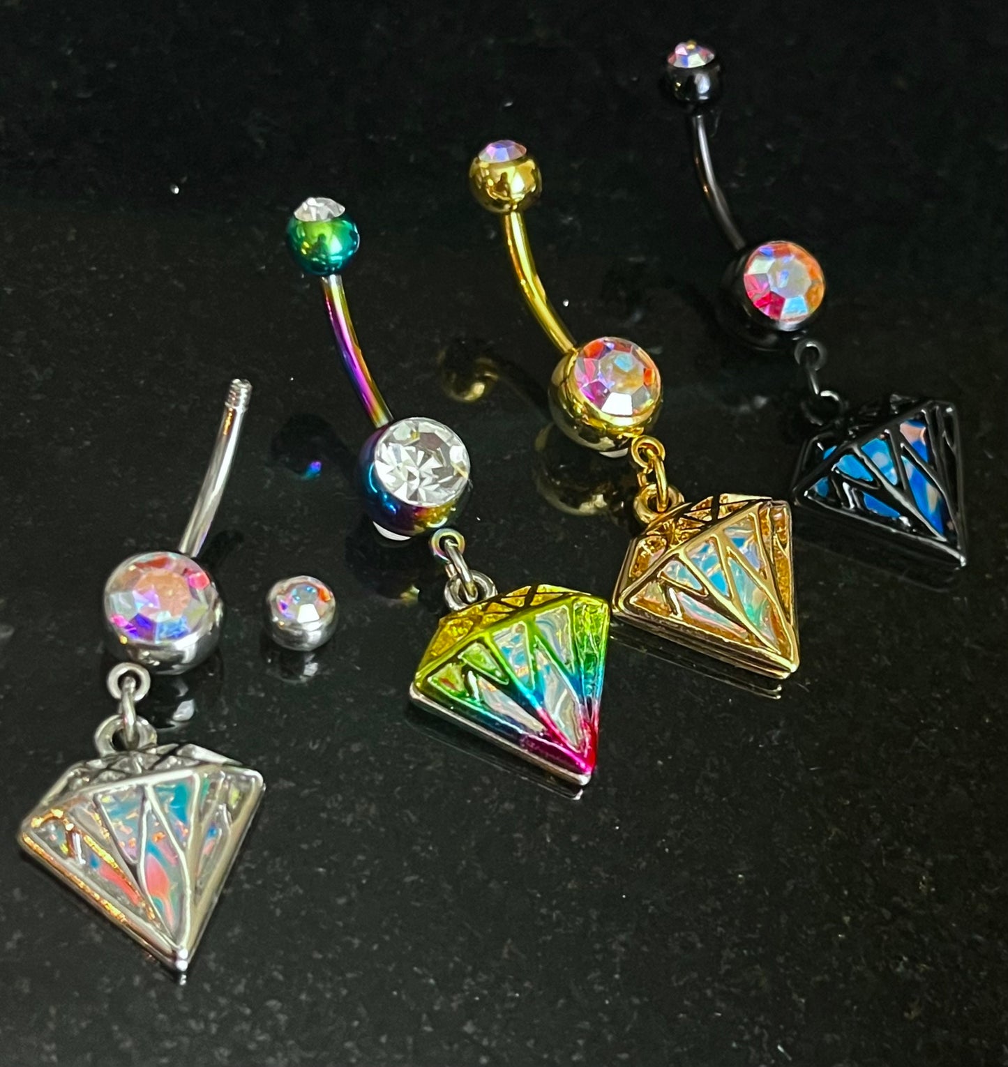1 Piece Unique Iridescent Diamond-Shaped Gem Dangle Ring Navel / Naval Belly Ring - 14g - 10mm - Gold, Steel, Rainbow & Black Available!