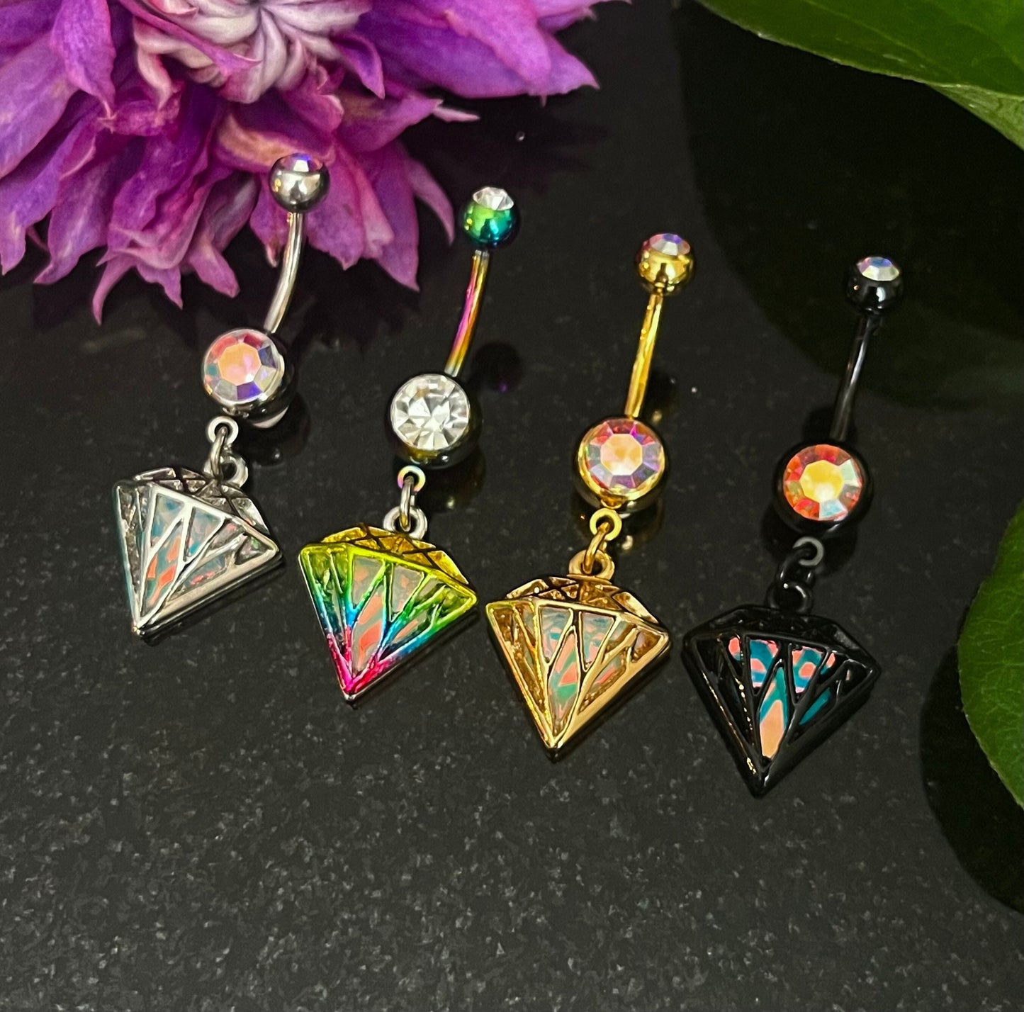 1 Piece Unique Iridescent Diamond-Shaped Gem Dangle Ring Navel / Naval Belly Ring - 14g - 10mm - Gold, Steel, Rainbow & Black Available!