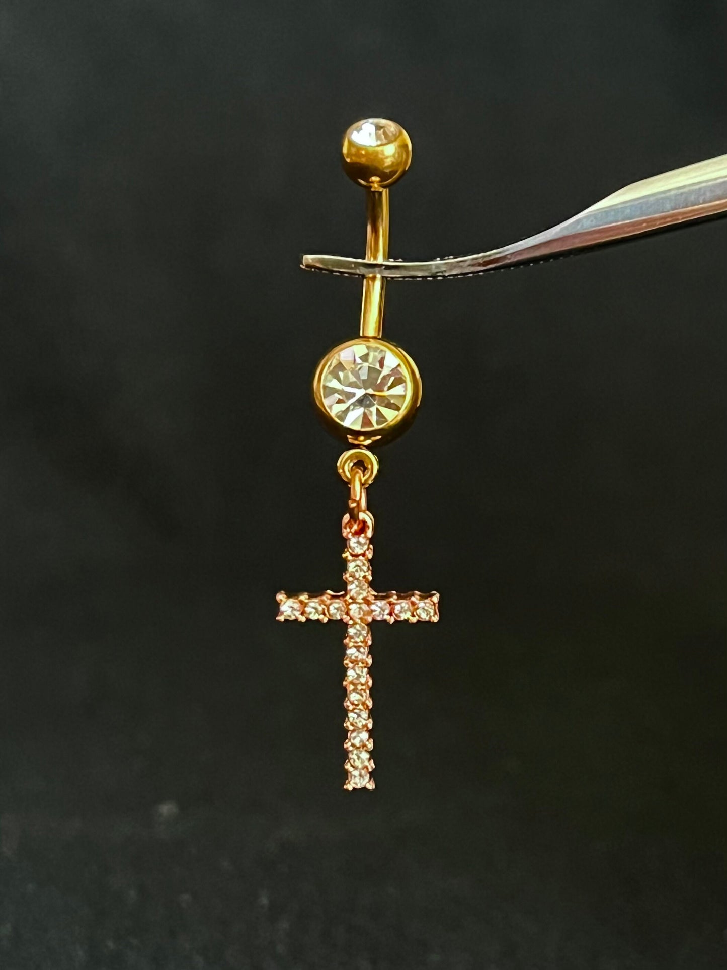 1 Piece Stunning Crystal Gem Paved Cross Dangle Navel / Naval Belly Button Ring - 14g - 10mm - Gold, Silver and Rose Gold Available!