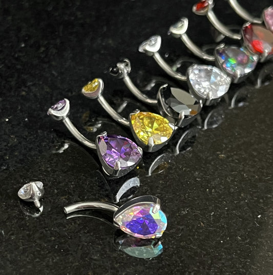 1 Piece Solid Implant Grade Titanium Teardrop Gem Internally Threaded Navel/Naval Belly Ring - 14g - Available in a Variety of Colors!