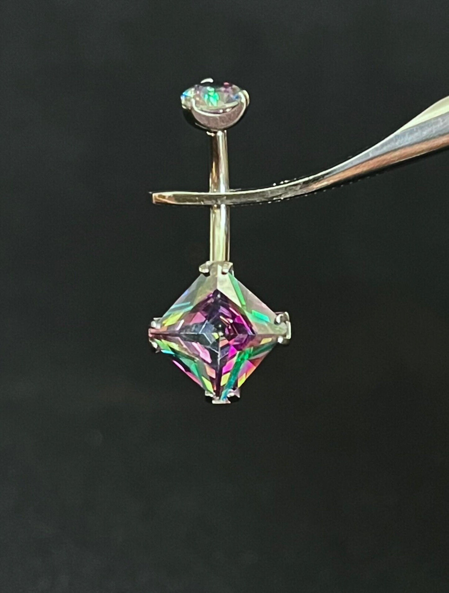 1 Piece Solid Implant Grade Titanium Square CZ Gem Navel/Naval Belly Ring - 14g - AB, Clear, Gold, Rose Gold w/Pink & Vitrail Available!