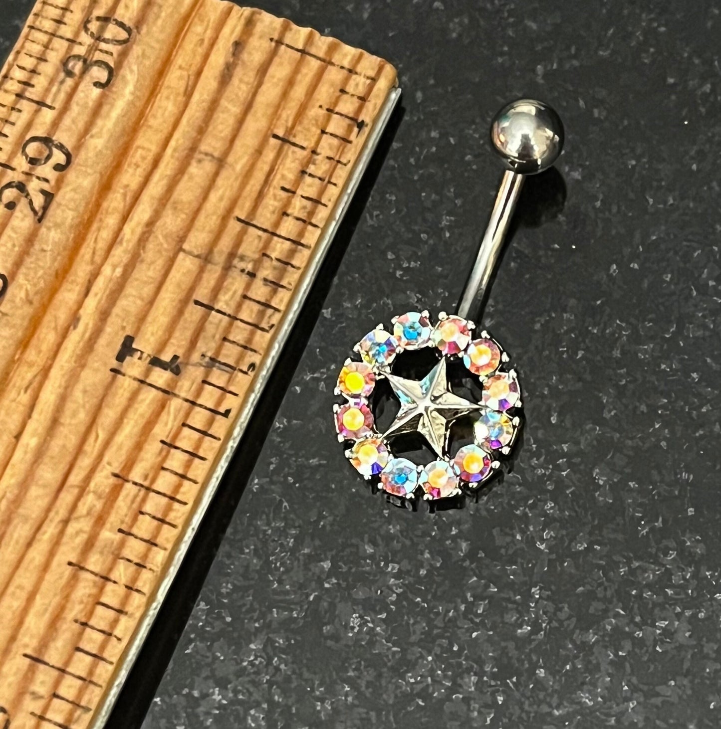 1 Piece Gem Surrounded Star Belly Button Ring Navel / Naval Belly Ring - 14g - 10mm - Aurora Borealis, Steel, Gold and Rose Gold Available!