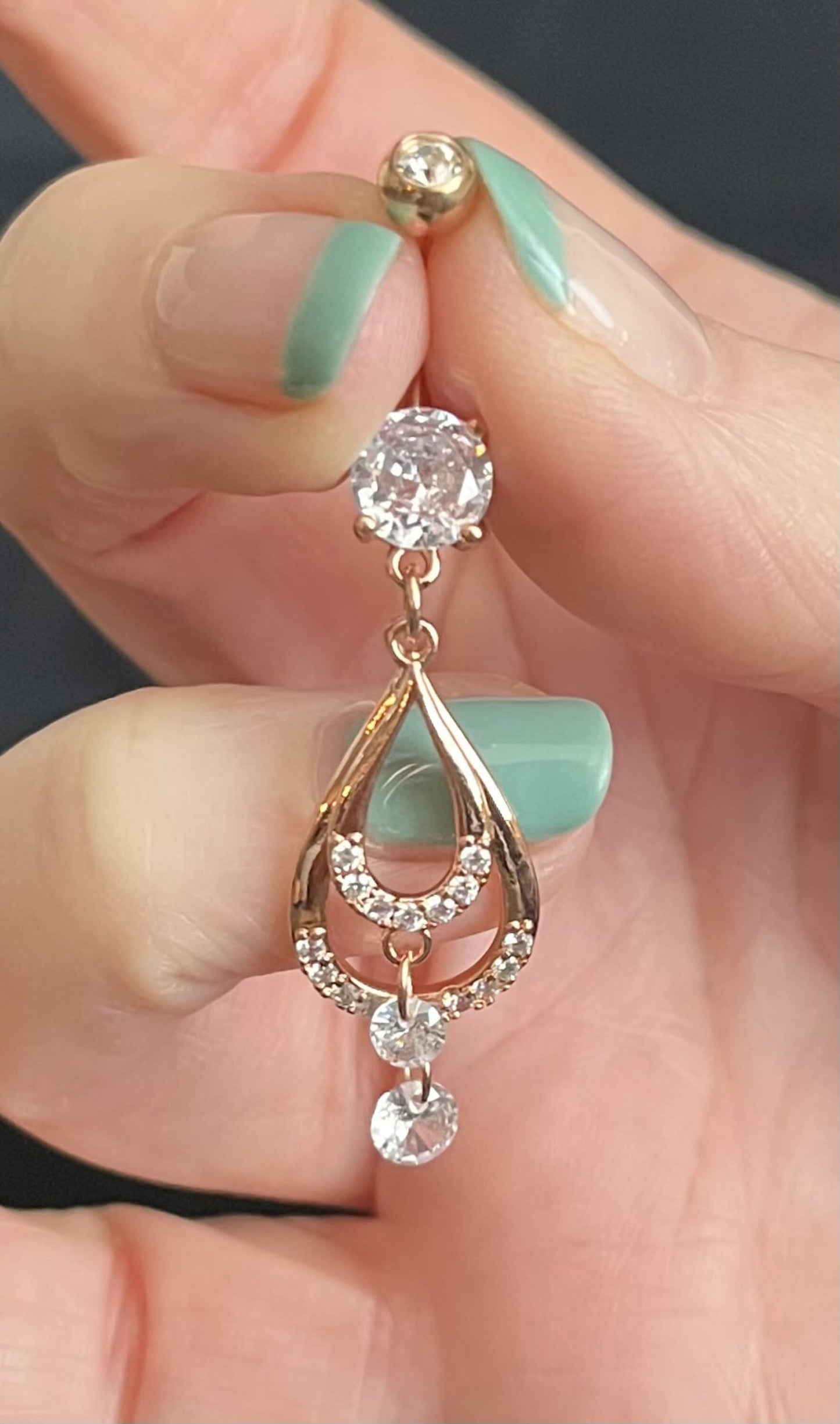 1 Piece Stunning Double CZ Gem Teardrop Belly Button Ring Navel / Naval Belly Ring - 14g - 10mm - Gold, Steel and Rose Gold Available!