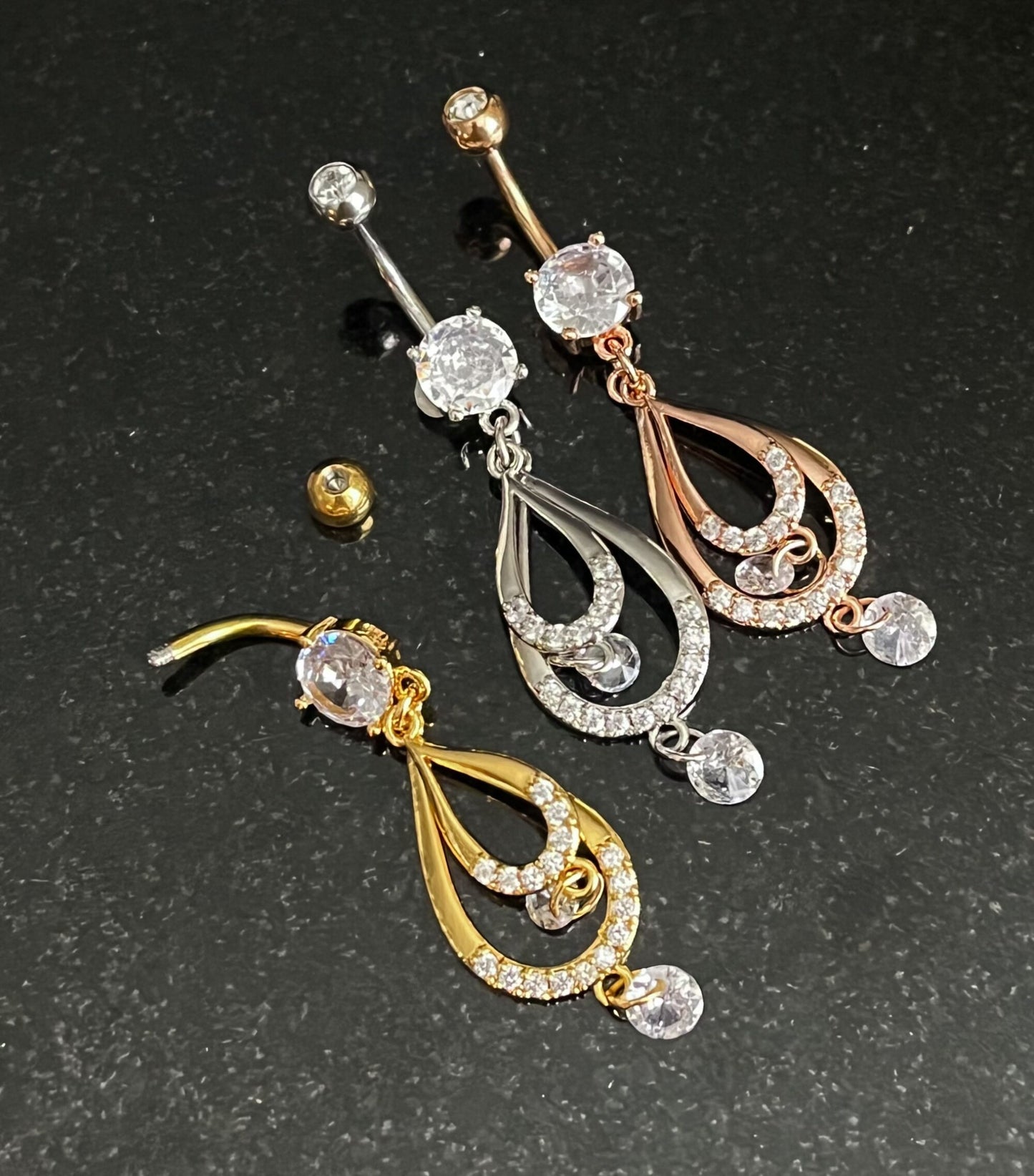 1 Piece Stunning Double CZ Gem Teardrop Belly Button Ring Navel / Naval Belly Ring - 14g - 10mm - Gold, Steel and Rose Gold Available!