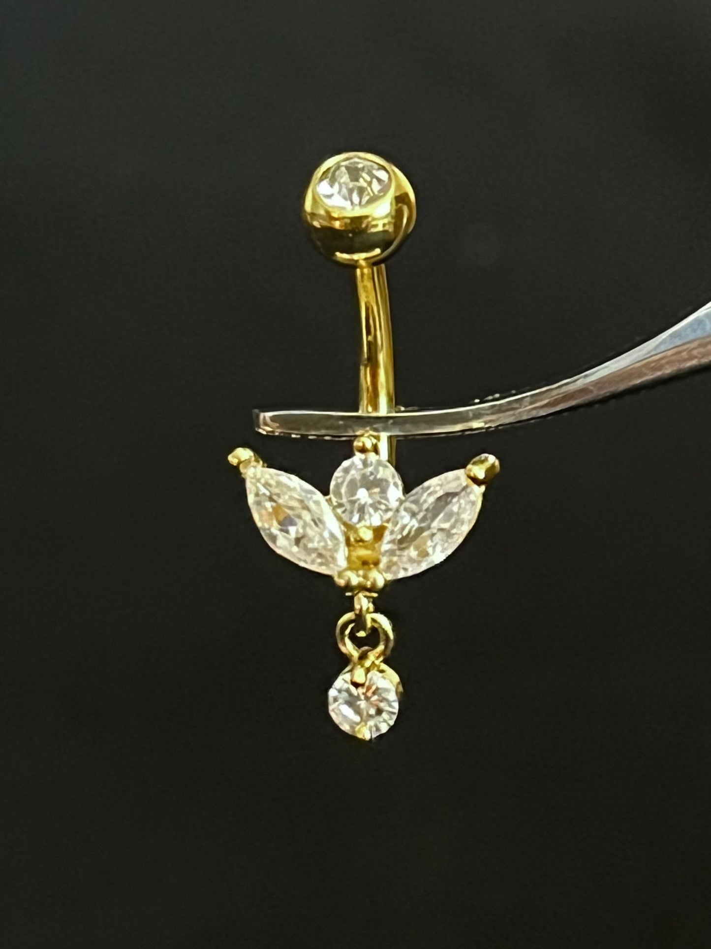 1 Piece Stunning Marquise CZ Gem Sprout Dangle Cubic Zirconia Navel / Naval Belly Ring - 14g - 10mm - Gold, Silver and Rose Gold Available!