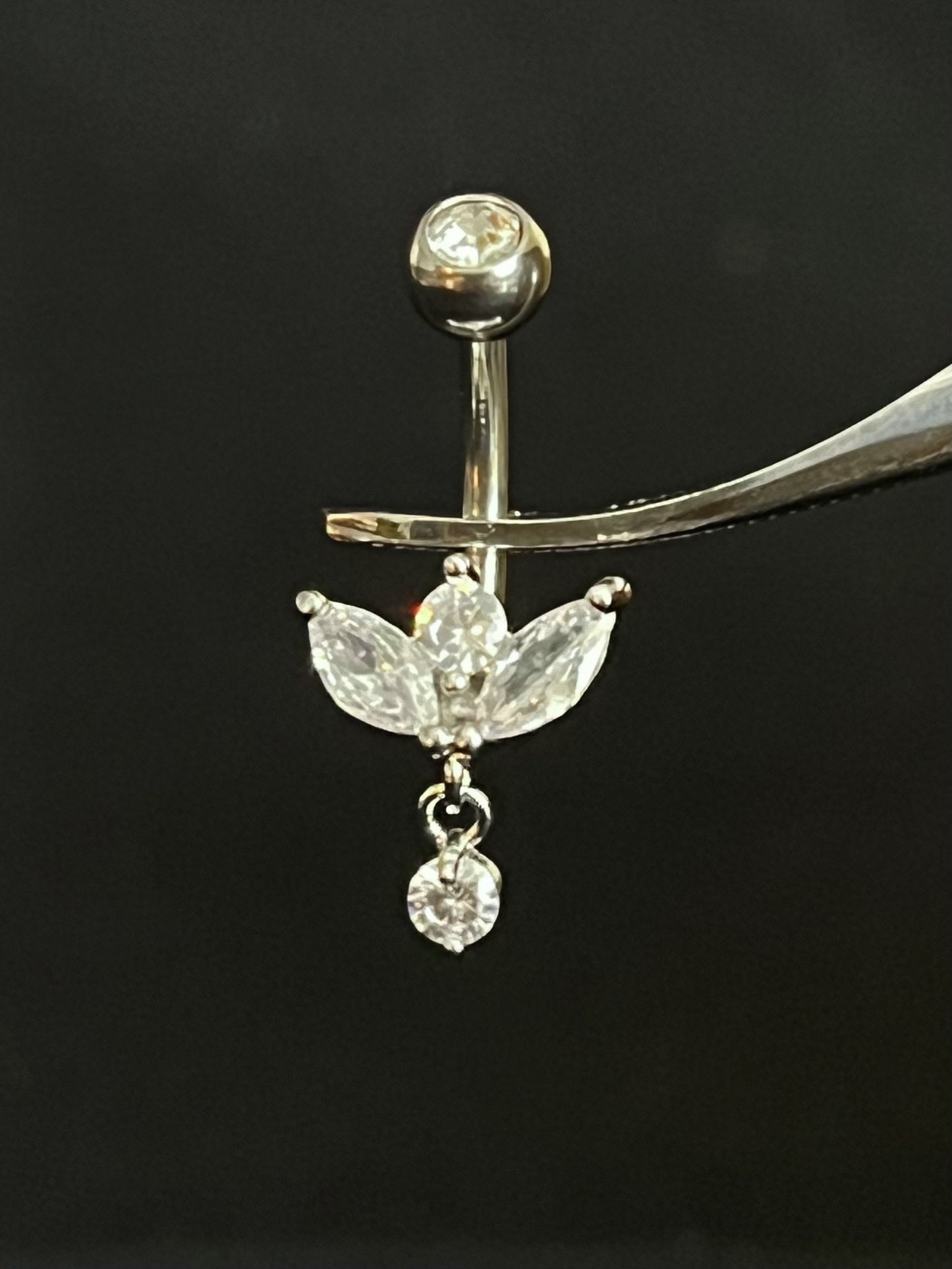 1 Piece Stunning Marquise CZ Gem Sprout Dangle Cubic Zirconia Navel / Naval Belly Ring - 14g - 10mm - Gold, Silver and Rose Gold Available!