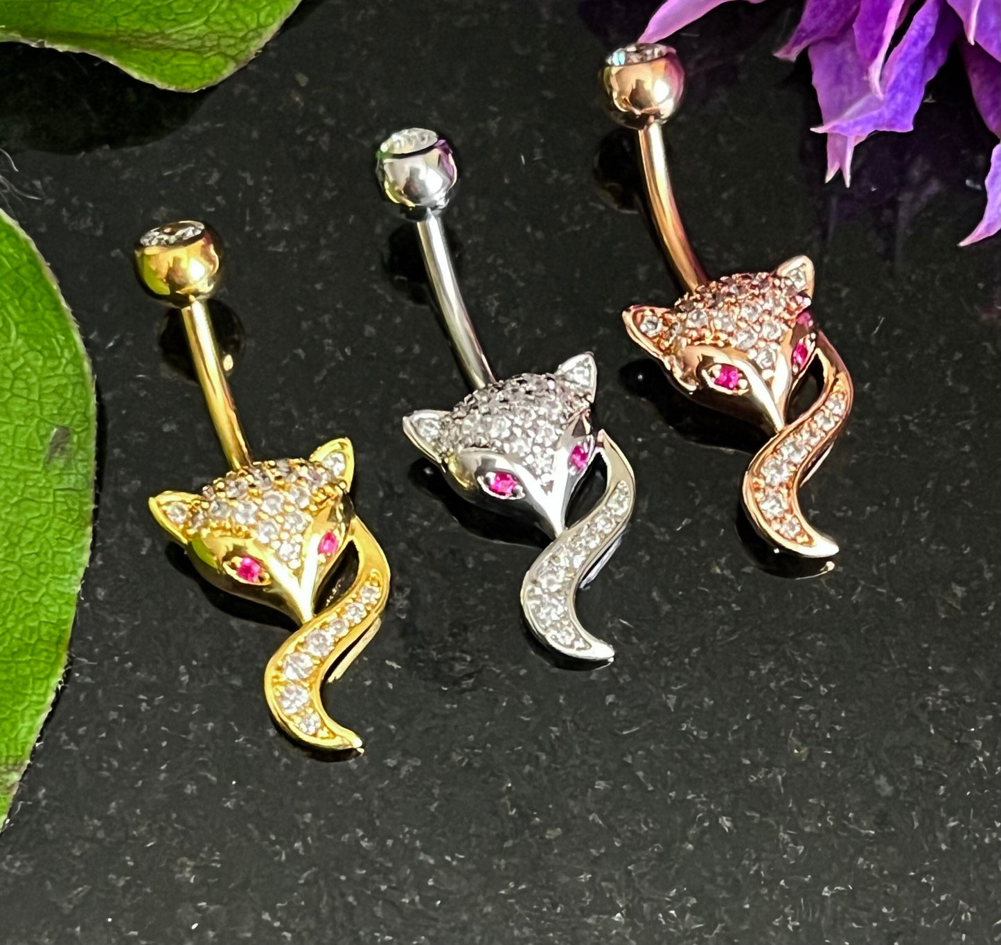 1 Piece Unique Paved CZ Gem Fox Navel / Naval Belly Button Ring - 14g - 10mm - Gold, Silver and Rose Gold Available!