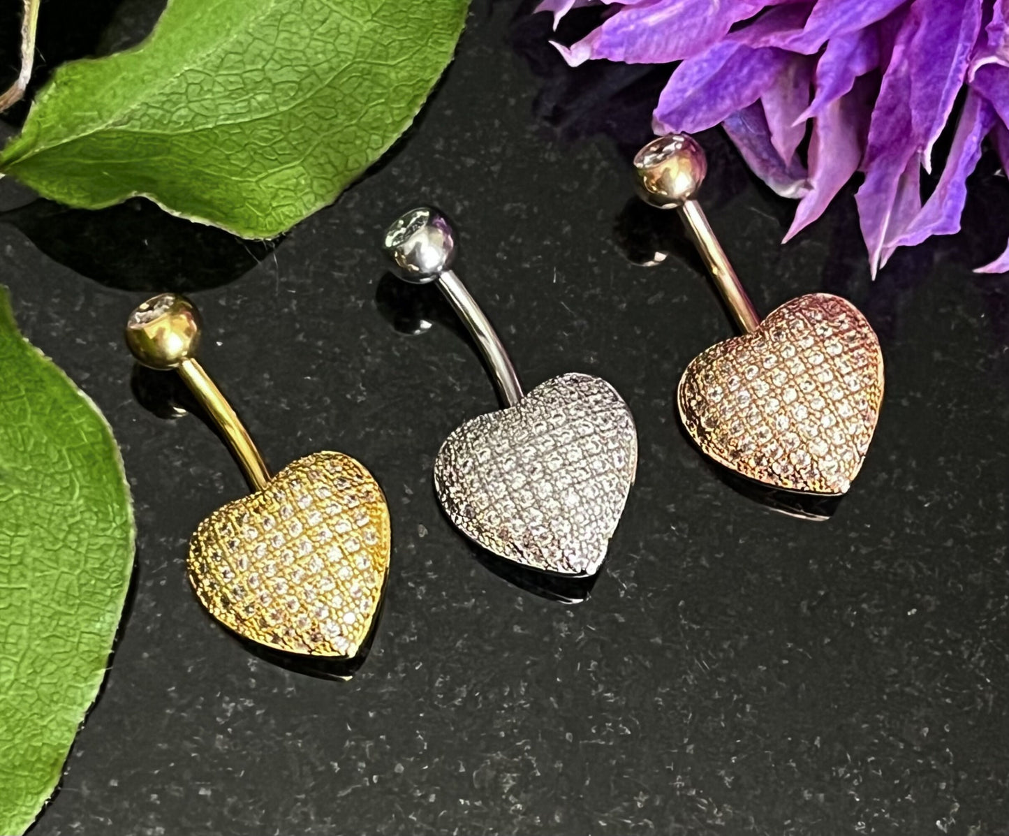 1 Piece Beautiful Paved CZ Gems Heart Navel / Naval Belly Button Ring - 14g - 10mm - Gold, Silver and Rose Gold Available!