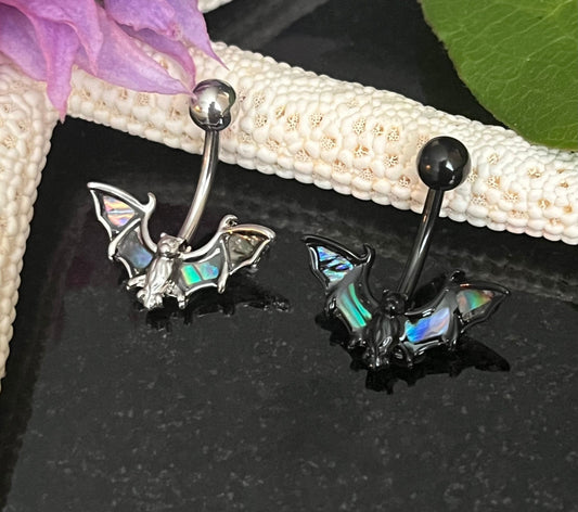 1 Piece Unique Abalone Shell Bat Navel / Naval Belly Button Ring - 14g - 10mm - Black and Silver Available!