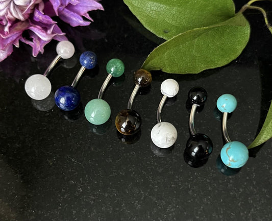 1 Piece Beautiful Natural Stone Ball Navel / Naval Belly Ring - 14g - 10mm - 6 Different Stones Available!