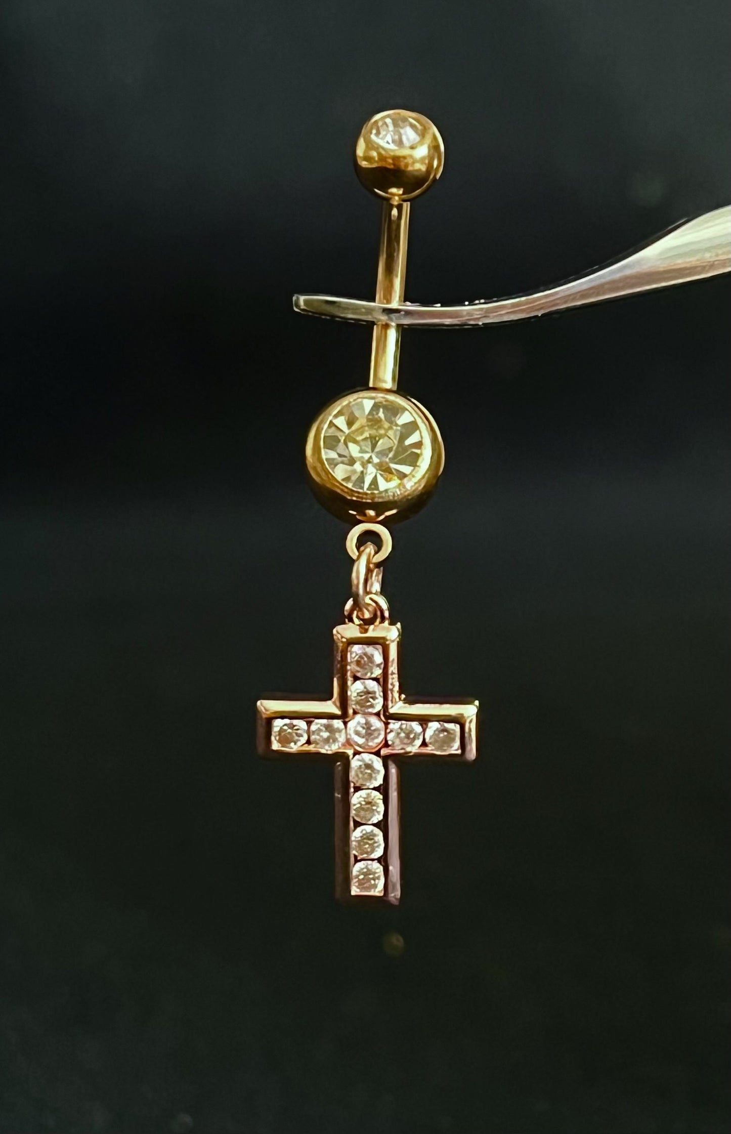 1 Piece Beautiful CZ Gem Set Paved Cross Navel / Naval Belly Button Ring - 14g - 10mm - Gold, Silver and Rose Gold Available!