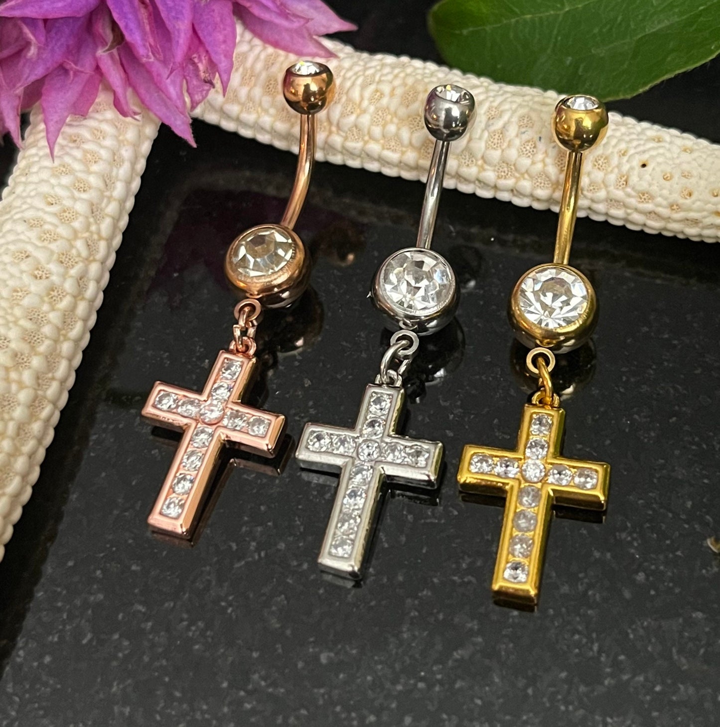 1 Piece Beautiful CZ Gem Set Paved Cross Navel / Naval Belly Button Ring - 14g - 10mm - Gold, Silver and Rose Gold Available!