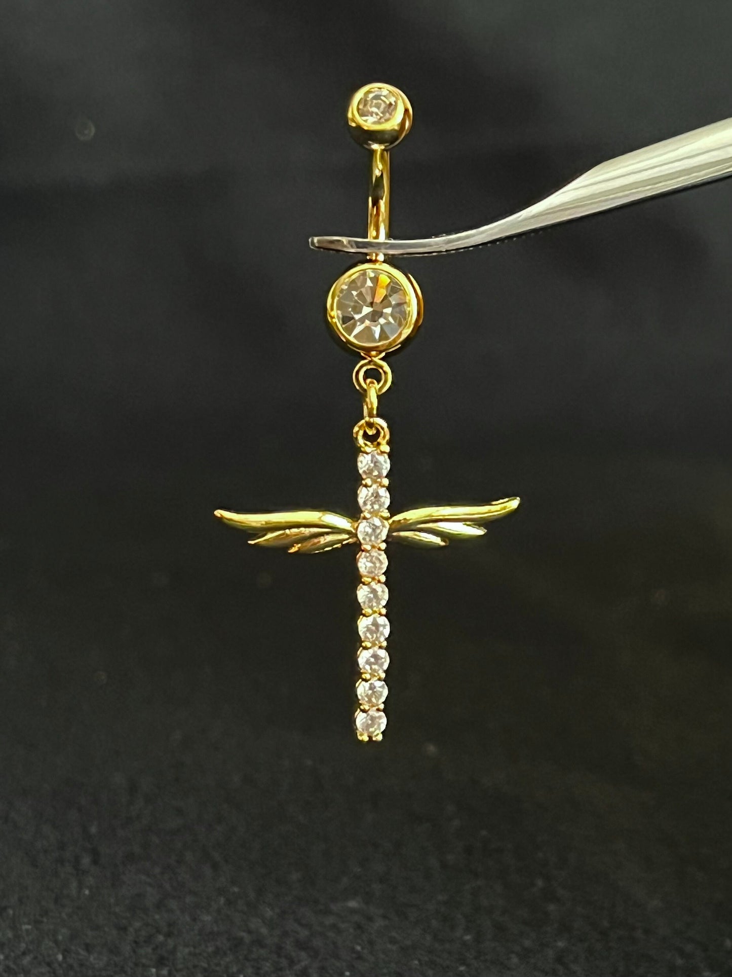 1 Piece Beautiful CZ Gem Winged Cross Navel / Naval Belly Button Ring - 14g - 10mm - Gold, Silver and Rose Gold Available!