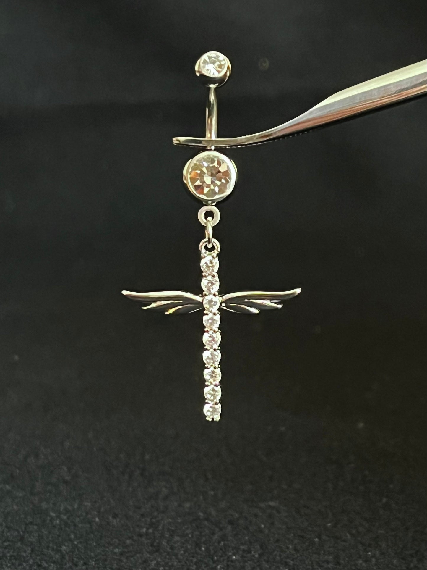 1 Piece Beautiful CZ Gem Winged Cross Navel / Naval Belly Button Ring - 14g - 10mm - Gold, Silver and Rose Gold Available!
