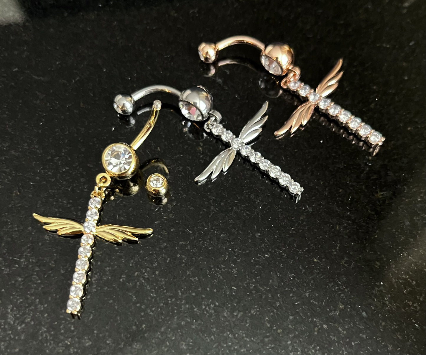 1 Piece Beautiful CZ Gem Winged Cross Navel / Naval Belly Button Ring - 14g - 10mm - Gold, Silver and Rose Gold Available!