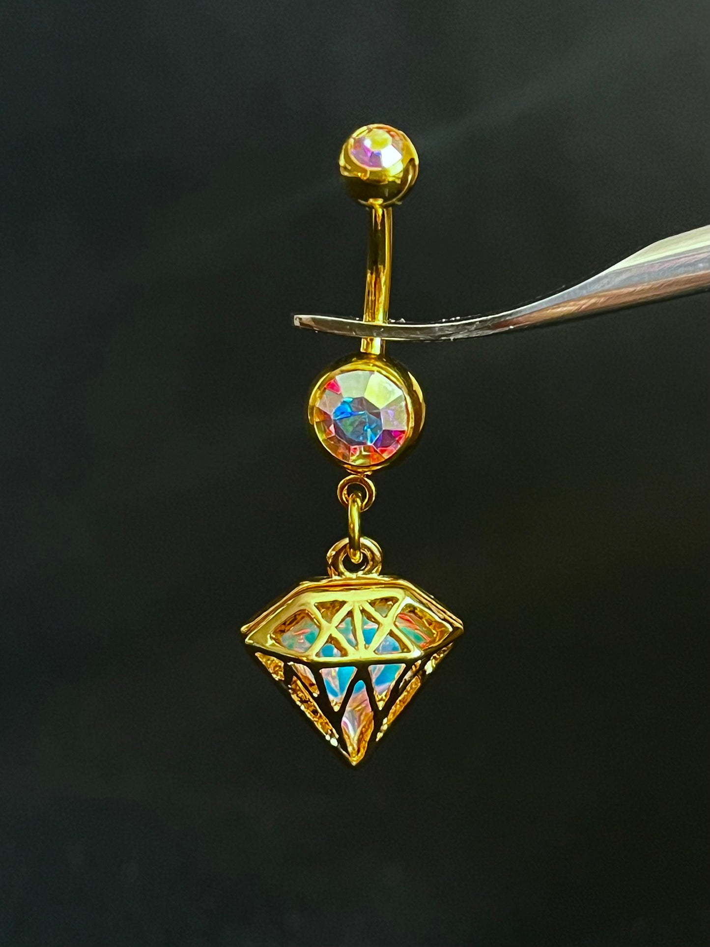 1 Piece Unique Iridescent Diamond-Shaped Gem Dangle Ring Navel / Naval Belly Ring - 14g - 10mm - Gold, Steel, Rainbow & Black Available!